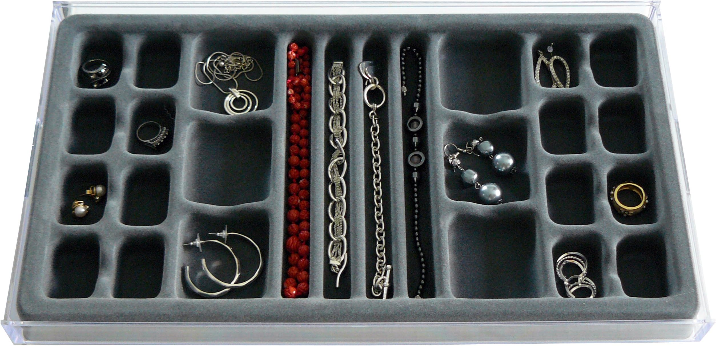 DR. ORGANIZERStack Em' Multi-Purpose Valet Jewelry Organizer by Dr. Organizer, with Velvet Tray, US Patented, 26 compartments, Clear with Gray Insert