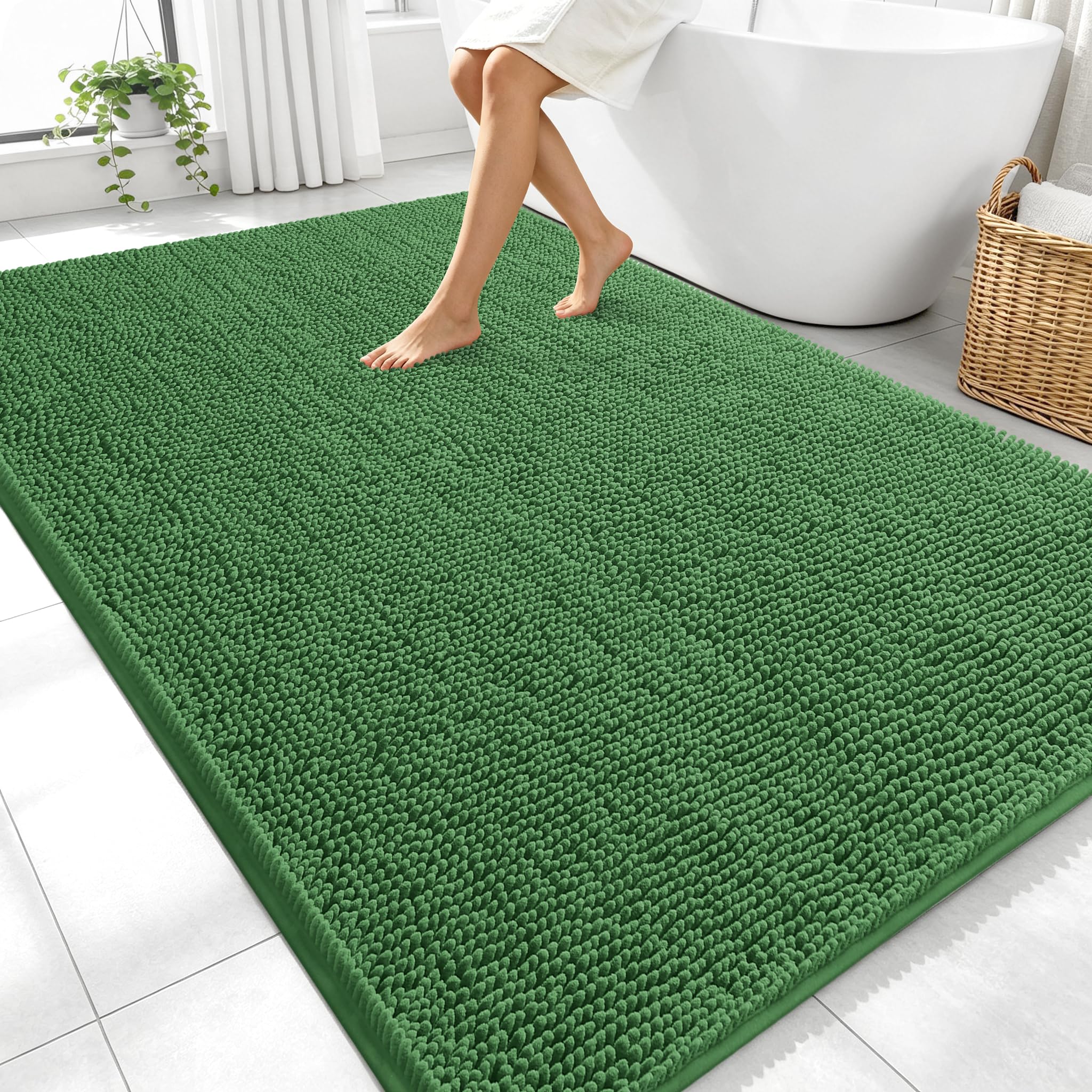 OLANLY Large Bathroom Rugs 70x46, Extra Soft Absorbent Chenille Bath Rugs | Olive Green, Quick-Drying Rubber Backing, Washable Bath Mat for Bathroom Floor, Tub and Shower, Home Decor Accessories