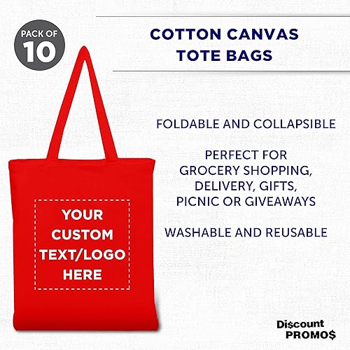 Miniatura 3 de DISCOUNT PROMOS Juego de 10 bolsas de lona de algodón personalizadas, reutilizables, ideales para ir de compras, comestibles, playa, picnic,