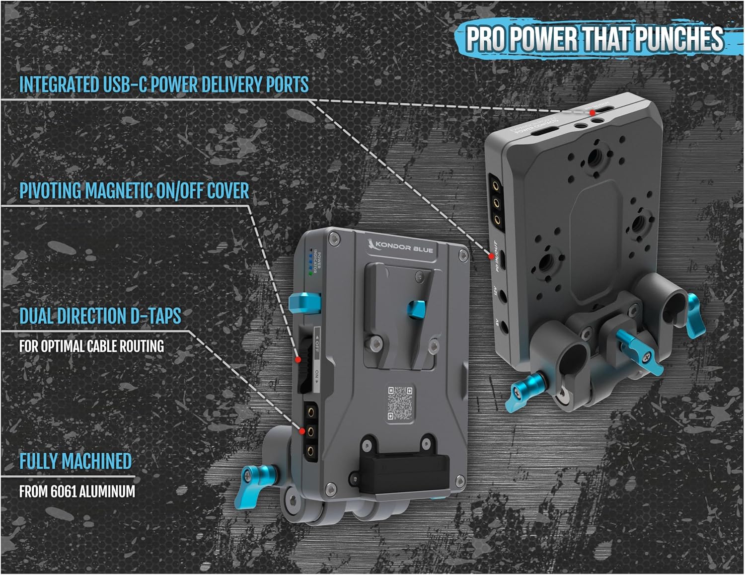 KONDOR BLUE | Pro V-Mount Battery Plate with Swivel 15mm Rod Clamp | USB-C PD in/Out, D-Tap Power Ports, Magnetic Expansion Contacts, ARRI Anti-Twist Mounts | Space Gray image 2