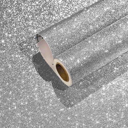 Papel tapiz con purpurina plateada brillante, papel adhesivo con purpurina plateada para armarios y paredes, autoadhesivo, extraíble, papel tapiz