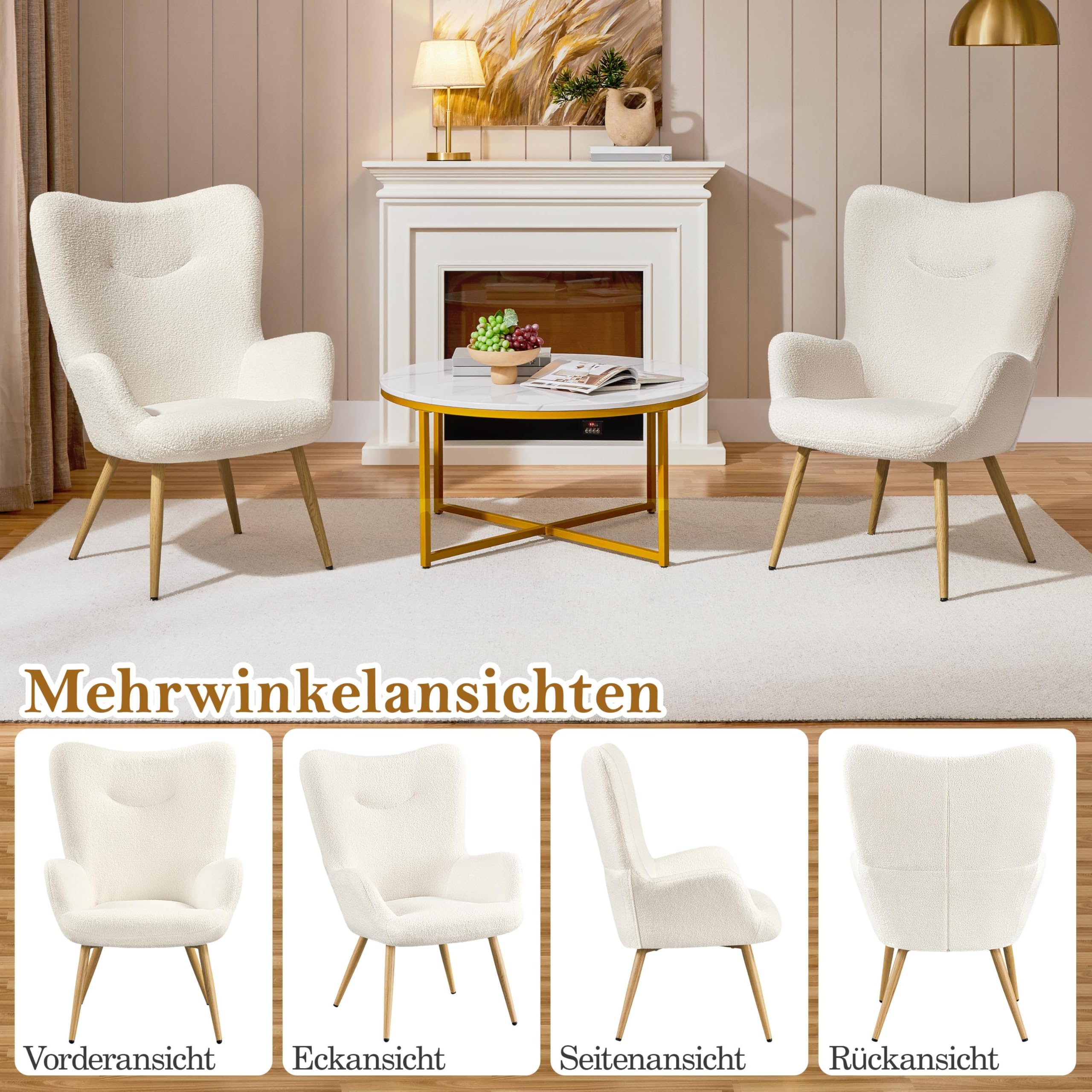 Yaheetech Ohrensessel eleganter Armsessel Polsterstuhl mit klappbare Rückenlehne Lehnsessel bis 136 kg belastbar Sessel fürs Wohnzimmer/Schlafzimmer Elfenbein