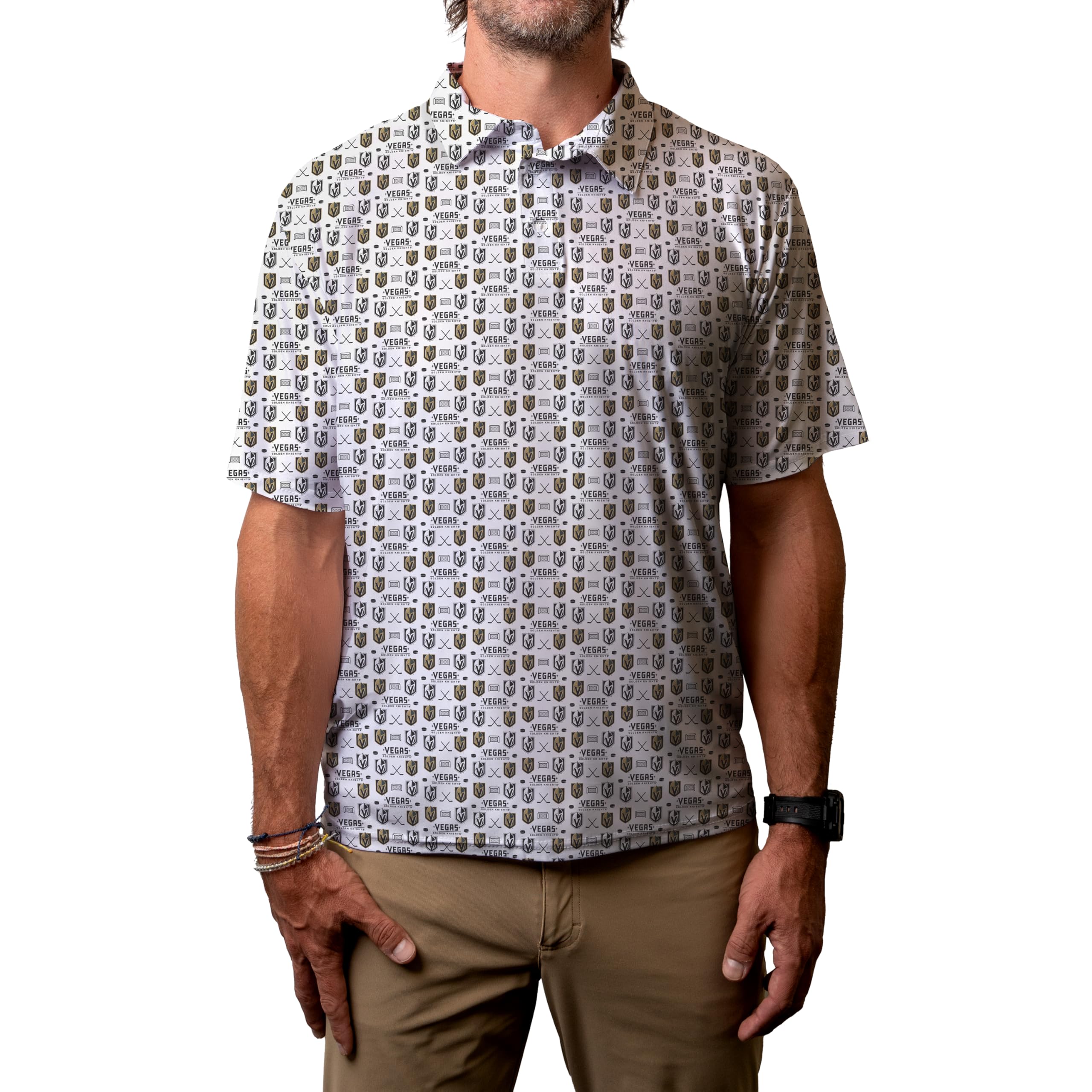 Blue 84 Men's NHL Officially Licensed Short Sleeve Performance Polo All Over Print White
