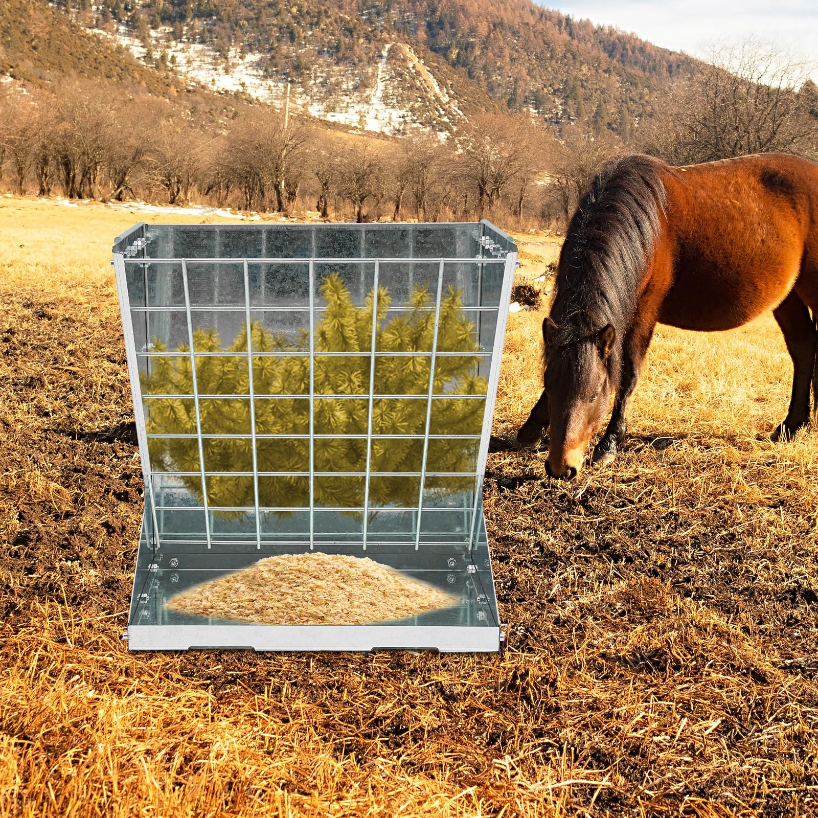 Grand Râtelier à Foin 2 en 1 pour Moutons et Chèvres avec Râtelier à Nourriture, Hay & Grain/Salt Feeder en Métal, Ratelier à Nourriture pour Chevaux avec Grille de Conservation de Aliment