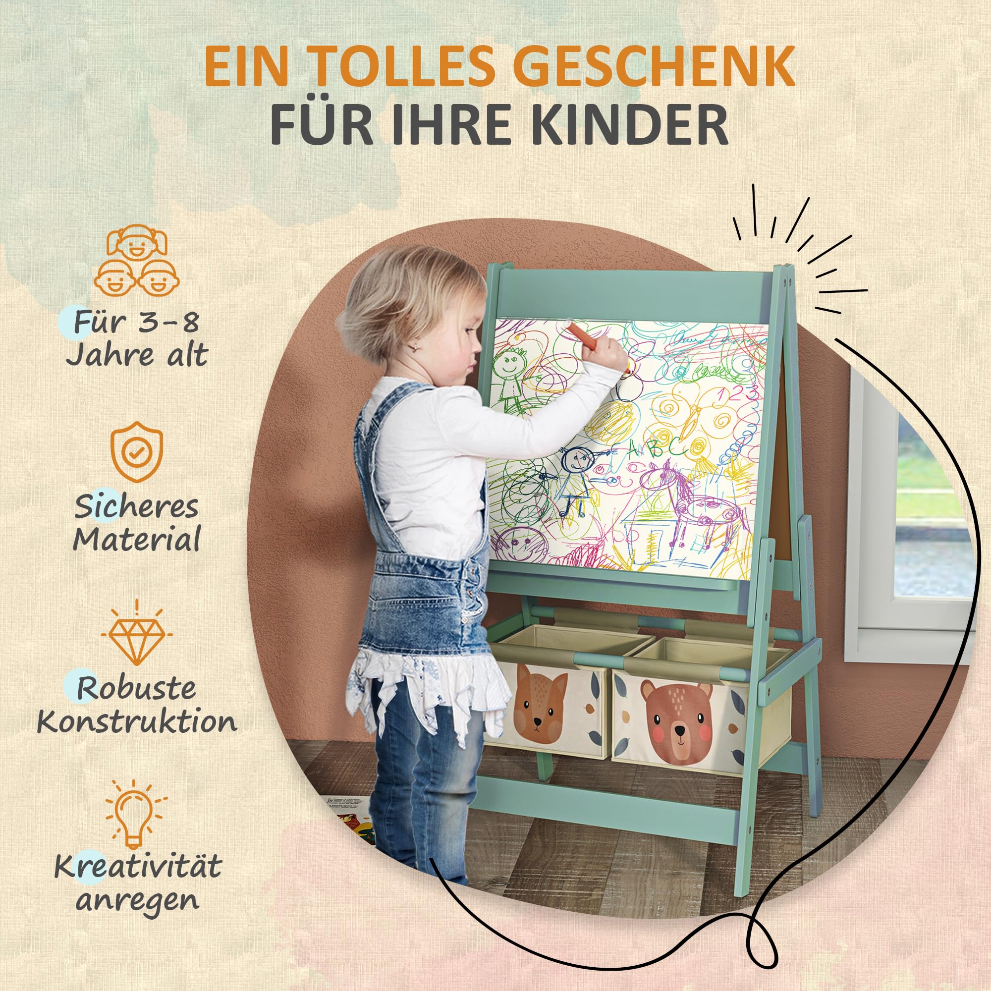 AIYAPLAY Kinder Staffelei, Kindertafel Doppelseitige Whiteboard und Tafel Standtafel mit Papierrolle, inkl. Zubehör für Kinder Jungen & Mädchen 3-8 Jahre