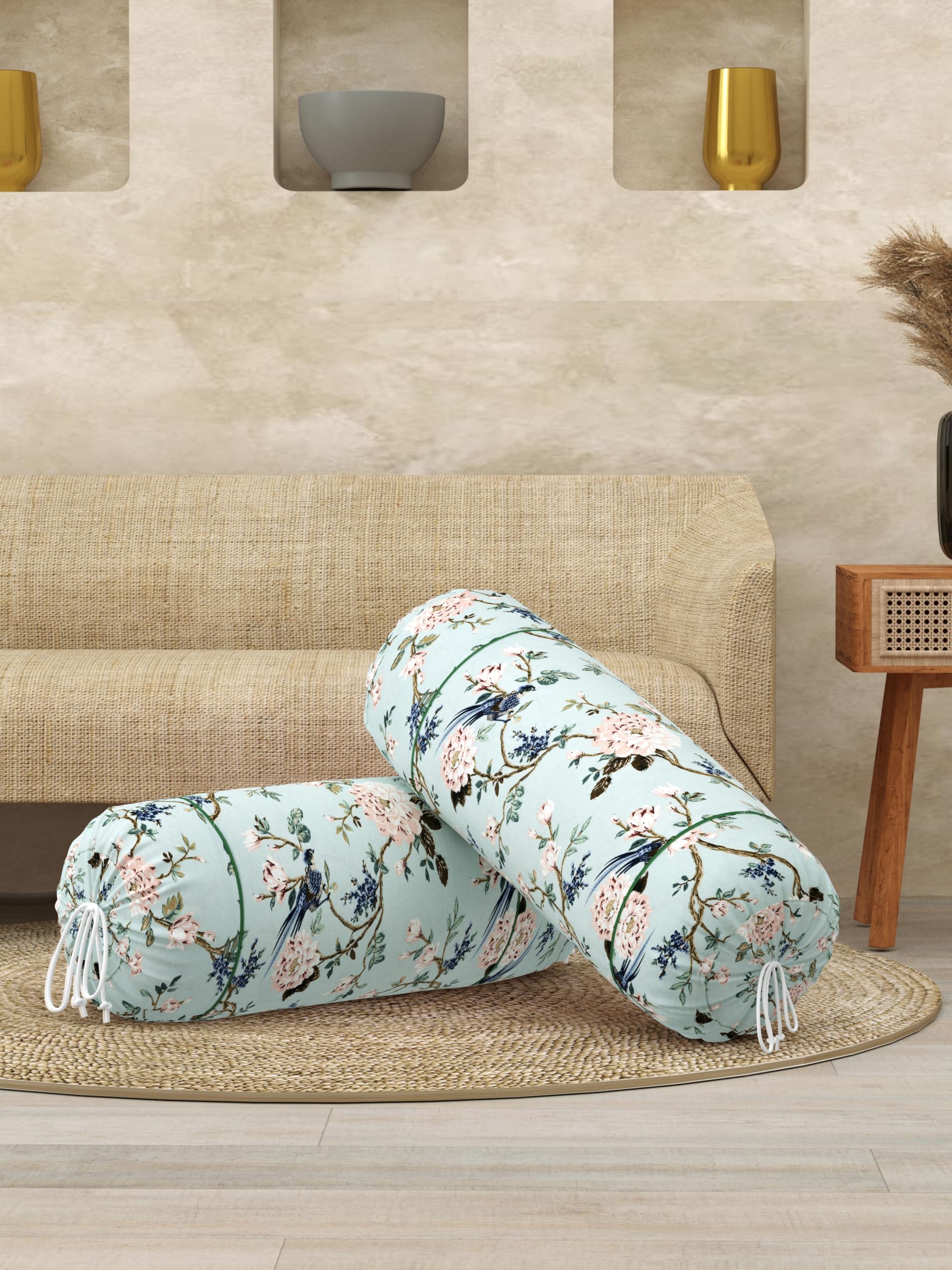 Clasiko® Cotton Bolster Covers; Set of 2; Green Peach Flowers220 TC; 30x15 Inches-image-7