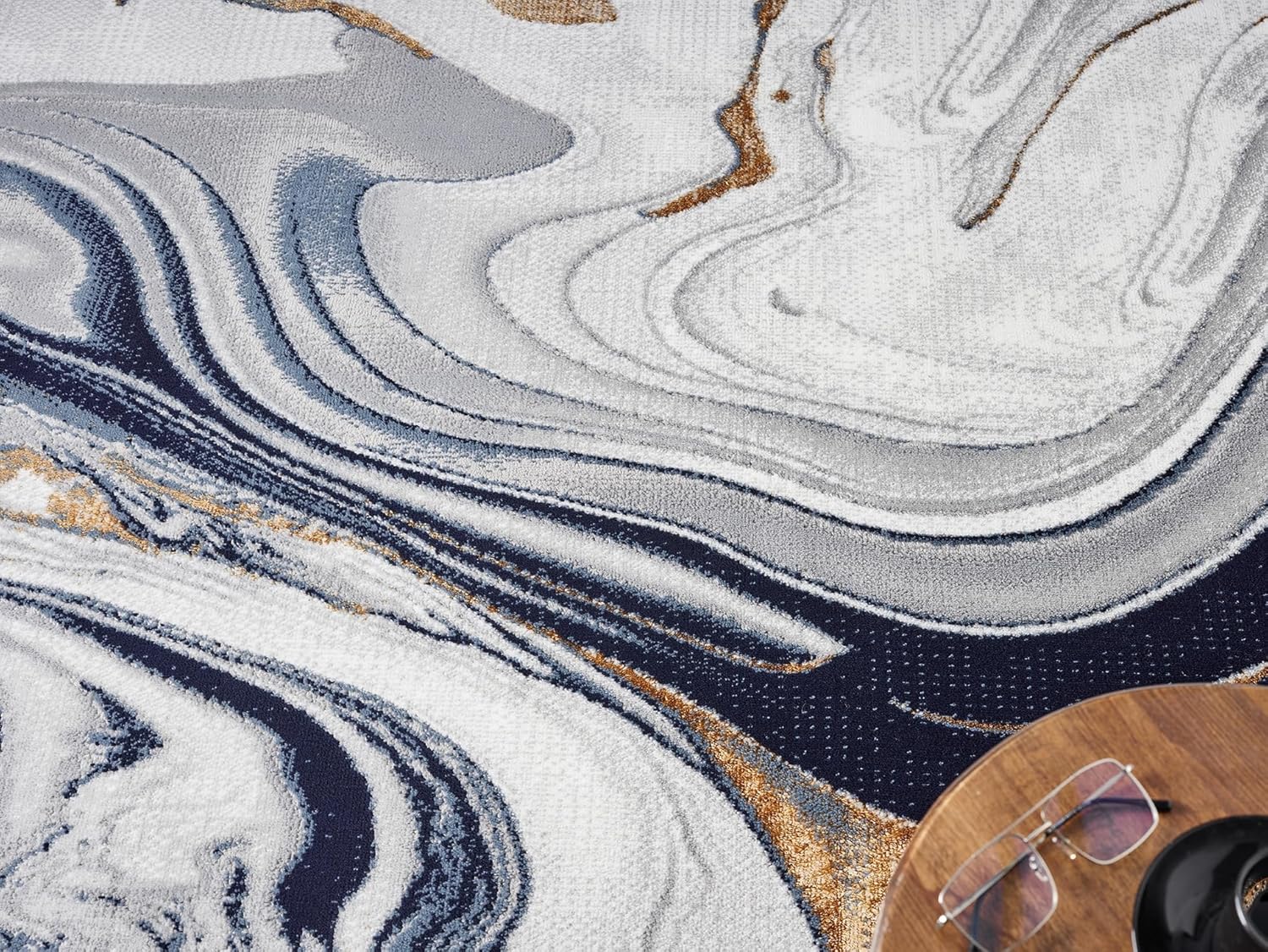 Modern Abstract 8x10 Area Rug Swirls Contemporary Marble Colorful Carpet for Living Room Bedroom with Gold Lurex Accents (Navy, 8' x 10')