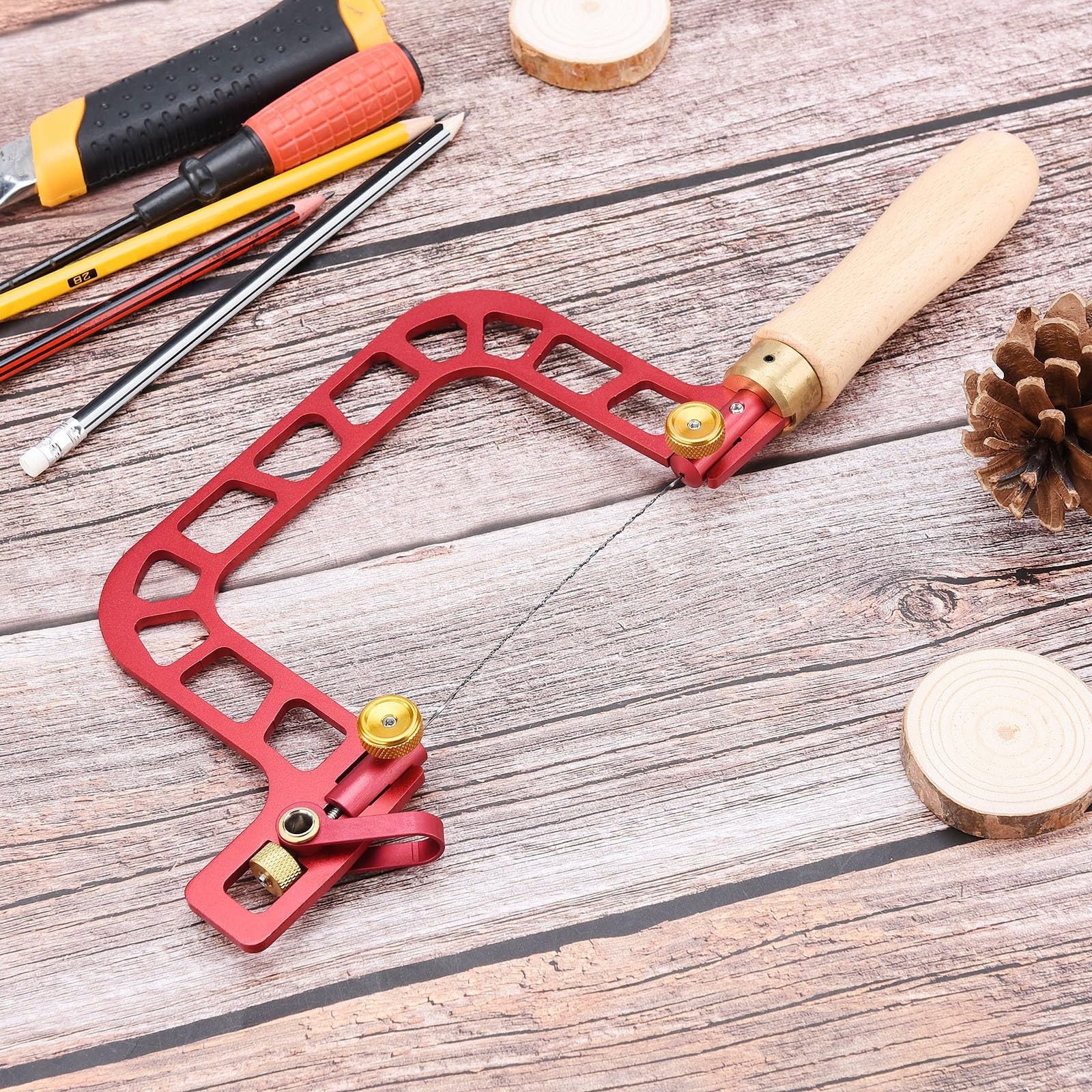 Scie à archet multifonction en forme de U, 7,6 cm avec poignée en bois pour jardinage, élagage, coupe (scie + 12 lames de scie)