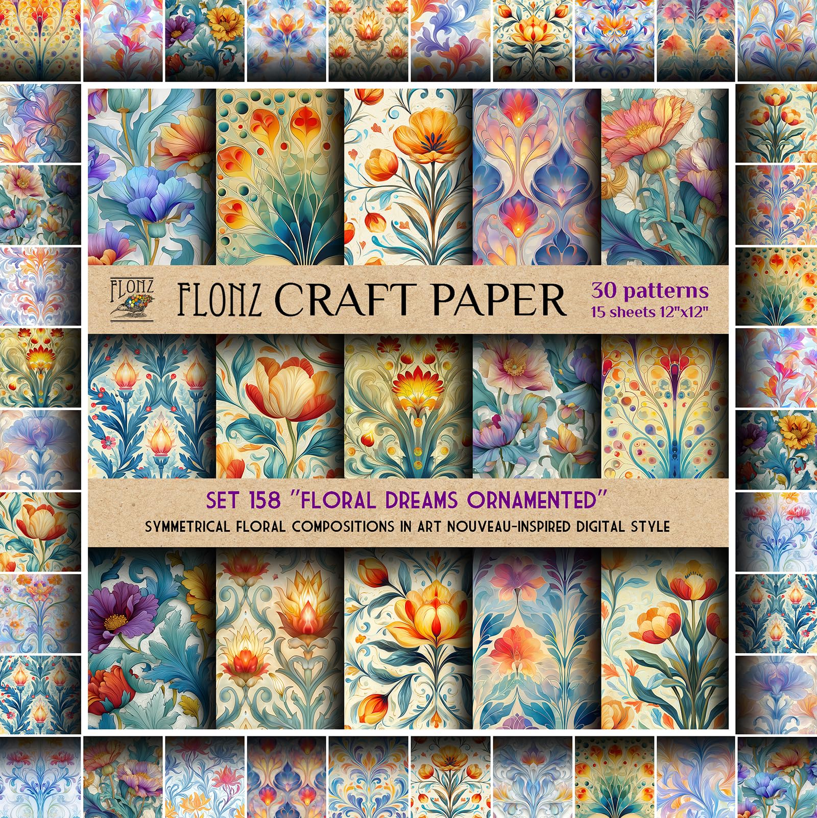 FLONZ Papier pour scrapbooking (30 motifs 30,5 x 30,5 cm) Rêves floraux ornés ~ compositions florales symétriques dans un style numérique inspiré de l'art nouveau avec des textures riches et des