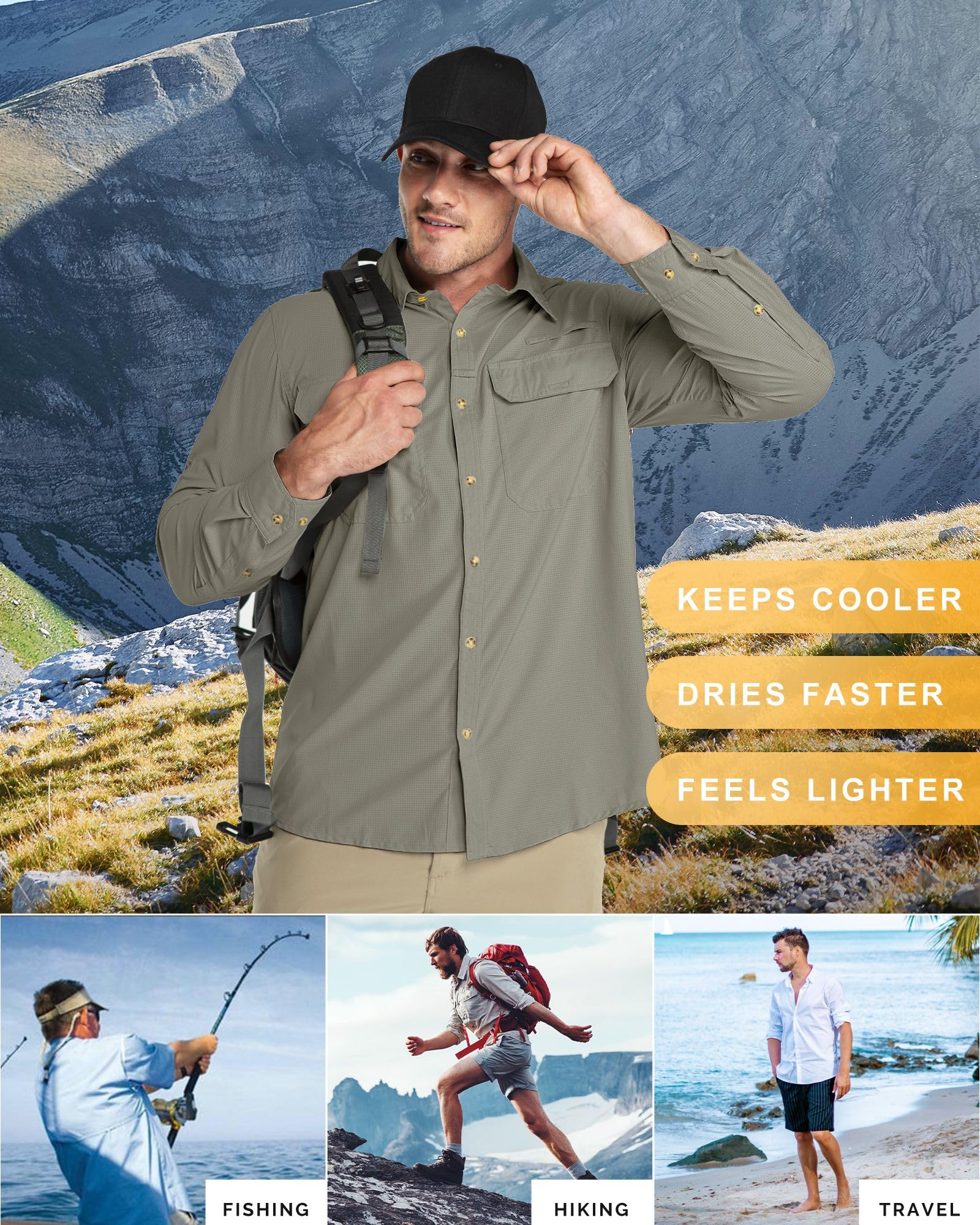 33,000ft Camiseta Deportiva para Hombre, Camiseta Transpirable de Secado Rápido para Exteriores, Protección UV 50+, Adecuada para Senderismo y Pesca en Todas Las Estaciones