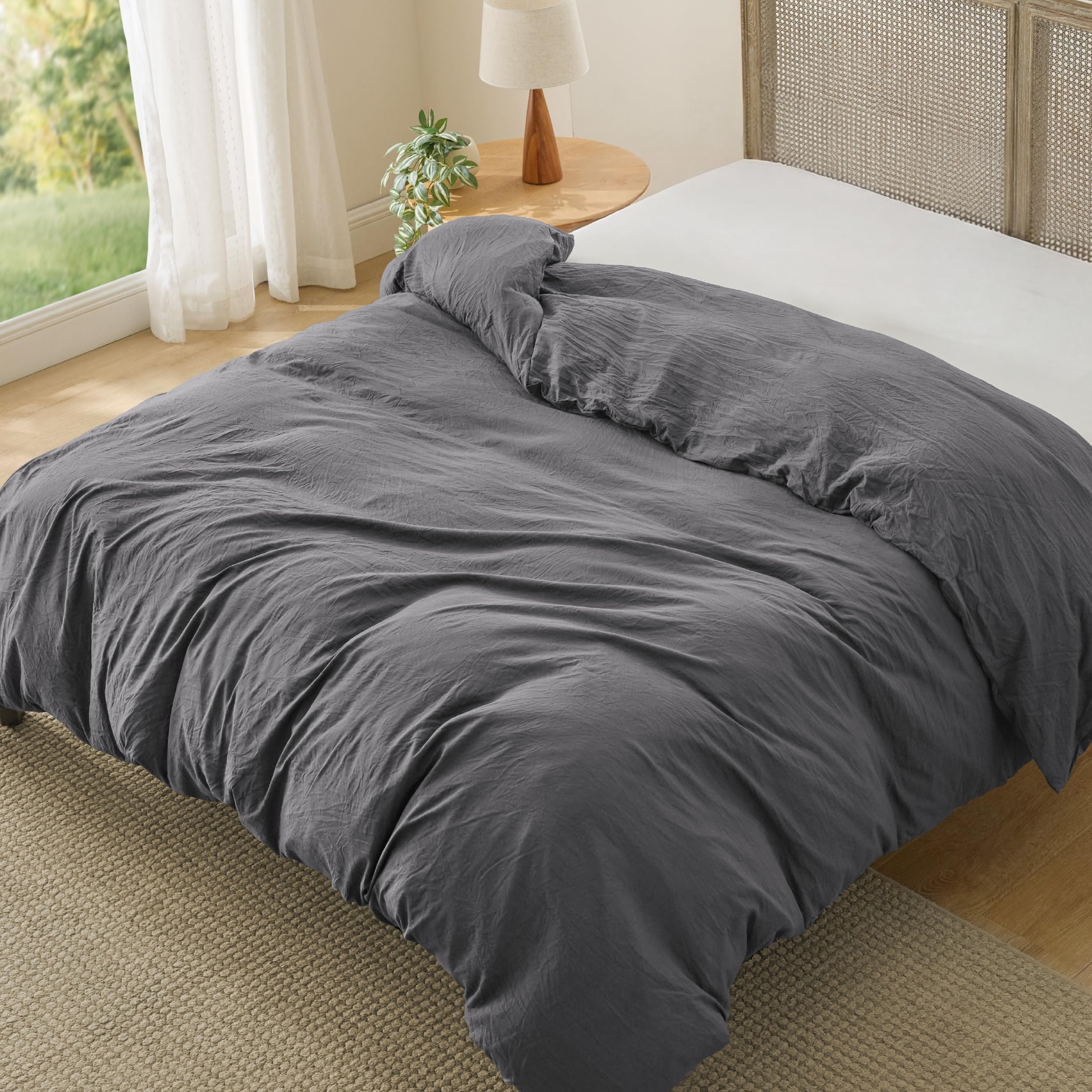 Bedsure Prewashed Duvet Cover Only, Cotton-Like Feel, Dark Grey, Queen