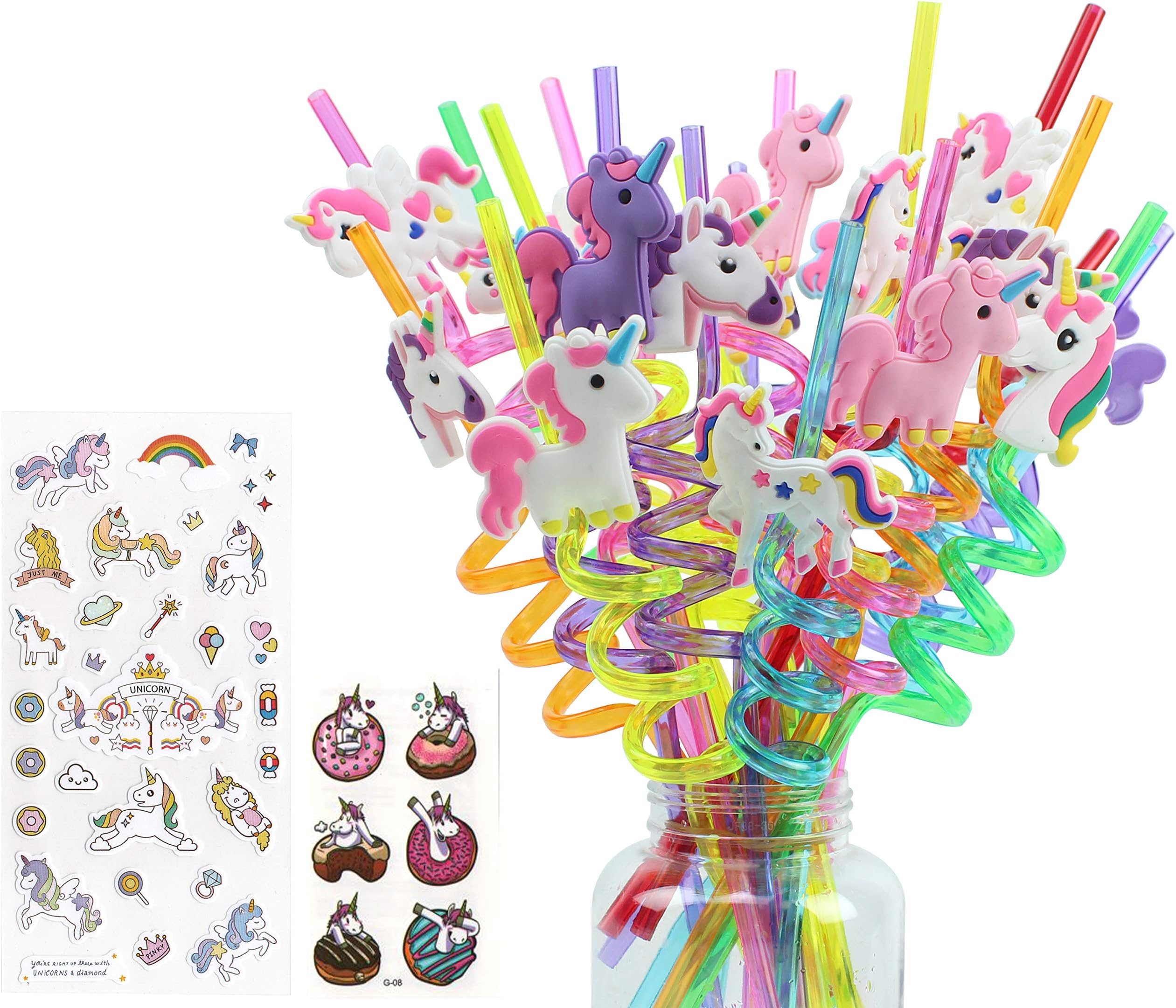 24 Value Pack of Fun Unicorn Straws, Multiple Designs, Full Unicorns, Unicorn Stickers and Tattoos, Twist Design, Many Unique Unicorn Designs and Colors, Perfect Unicorn Party Favor