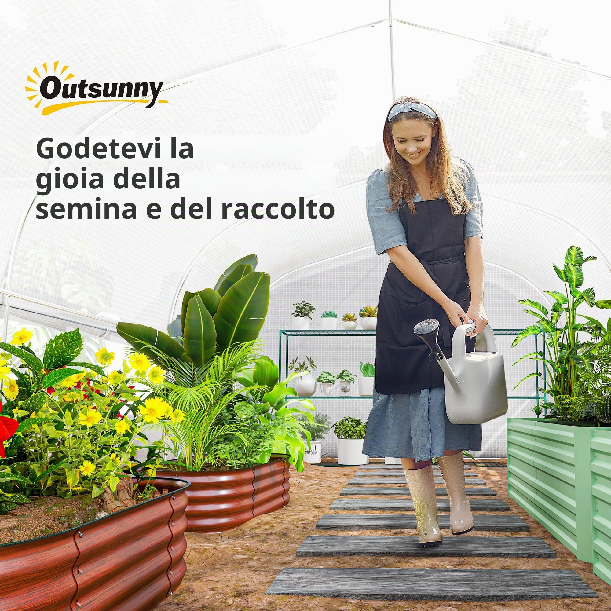 Serra Outsunny 6 x 3 x 2 m con 8 finestre e porta, pareti laterali avvolgibili, tunnel per pomodori in pellicola resistente ai raggi UV con struttura in acciaio zincato, bianco