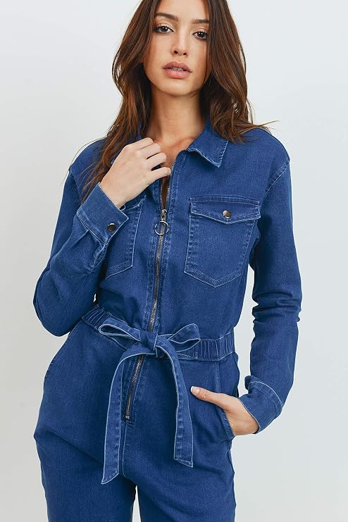 Khanomak Women's Denim Jeans Long Sleeve Jumpsuit Belted One Piece