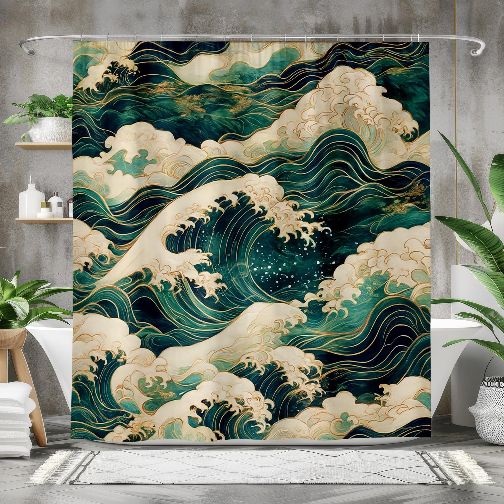 LMYCHENG Japanese Wave Shower Curtain, Ocean Bathroom Decor curtain, Abstract Sea Art Polyester fabric Machine washable(180x180cm/71x7in(WxH)/)