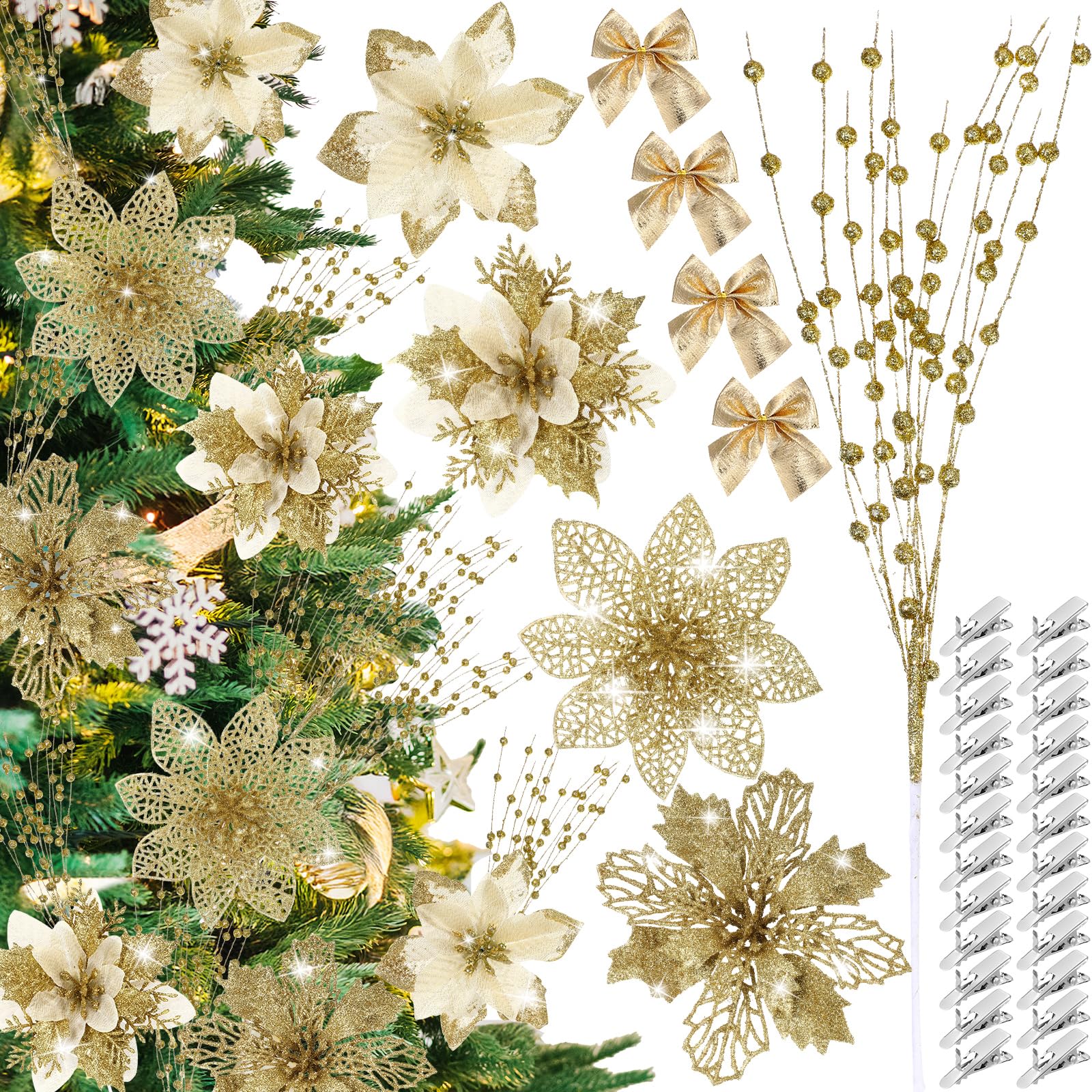 Leumoi 54 Stück 4 Stile Weihnachtssterne künstliche Beeren Picks Weihnachtsbaum Ornamente Kit Glitzer Blumen mit Schleifen, Stielen, Clips, Floral Weihnachtsdekorationen für Kranz Kamine (Gold)