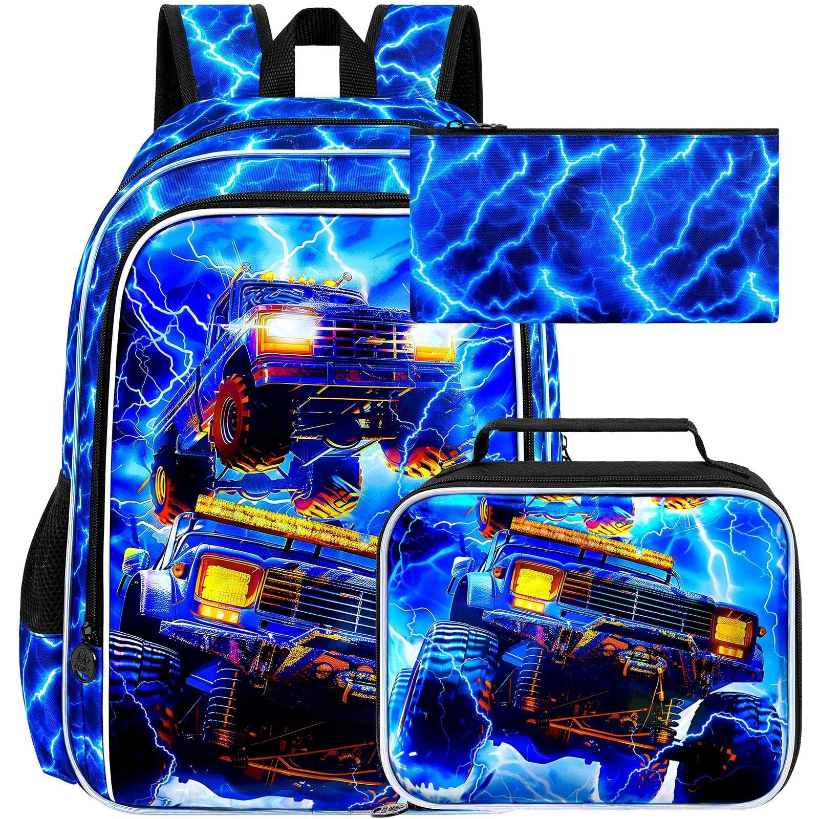 17" Truck Backpack for Boy, 3Pcs Lightning Bookbag for Elementary Preschool Kindergarten, Kids School Thunder Backpacks with Lunch Box (Blue)