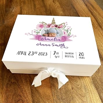 Baby Keepsake Box, New Baby Shower Girl Unicorn Pink Photo Baby Memory Box - Special Baby Treat Baby Hamper Box, Unique Gift Box, Personalised Baby Gifts Box