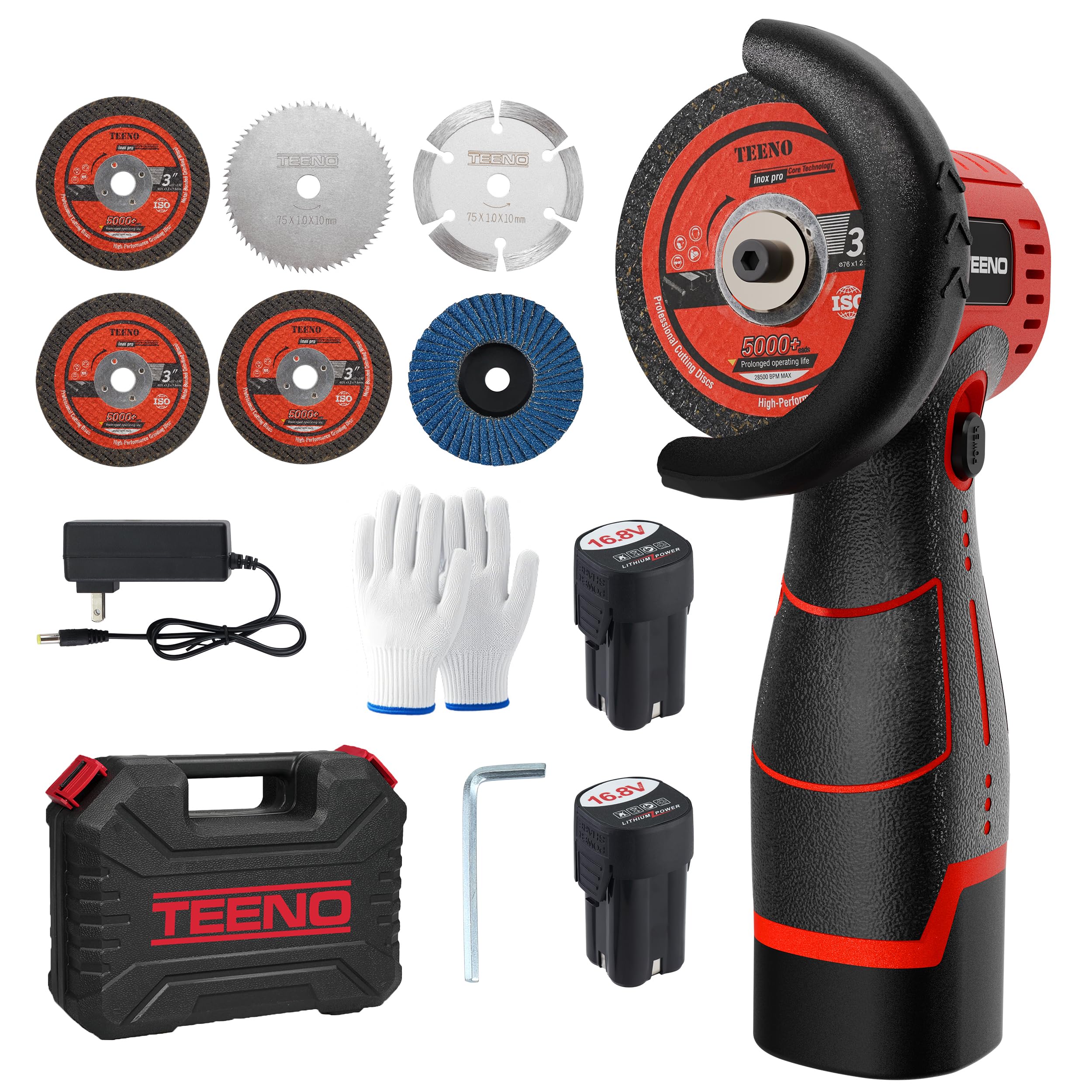 TEENO Meuleuse d'Angle Sans Fil Brushless 16,8V 76mm 19500 tr/min | Moteur 800W, Écran LED, 2 Batteries 2000mAh, 6 Disques & Coffret. Couper, Poncer, Polir métal, bois, carrelage.