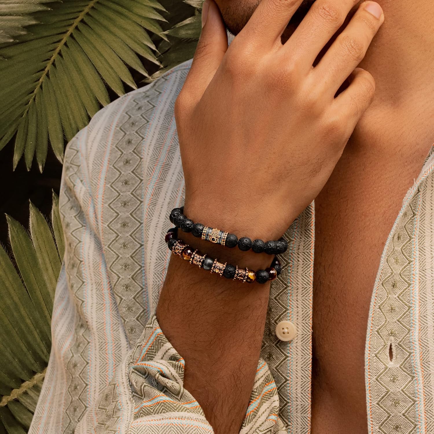 KARMA AND LUCK - Streak of Luck - Genuine Tiger's Eye Lava Stones Bracelet for Men with Antique Bronze Card Suit Charms. Ready to Gift for Him. Size: 7.5" stretch. - Image 3