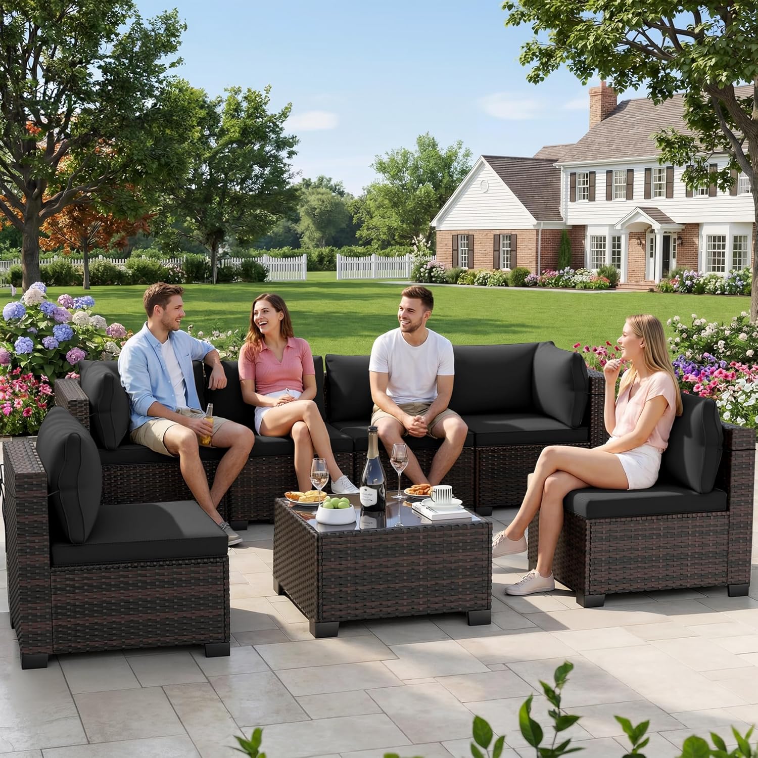 LEVELEVE 7 Pieces Outdoor Patio Furniture Sets,Rattan Conversation Sectional Set,Manual Weaving Wicker Patio Sofa with Tea Table