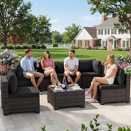 Miniatura 12 de LEVELEVE Juego de 7 muebles de patio al aire libre, juego seccional de conversación de ratán, sofá de mimbre de tejido manual con mesa de té