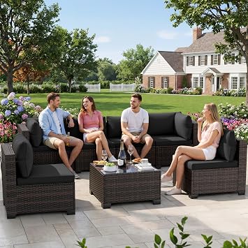 LEVELEVE 7-Piece Outdoor Patio Furniture Sets, Manual Weaving Rattan Conversation Sectional Sofa with Tempered Glass Coffee Table, All-Weather PE Wicker & Thick Cushions for Garden, Backyard, Porch