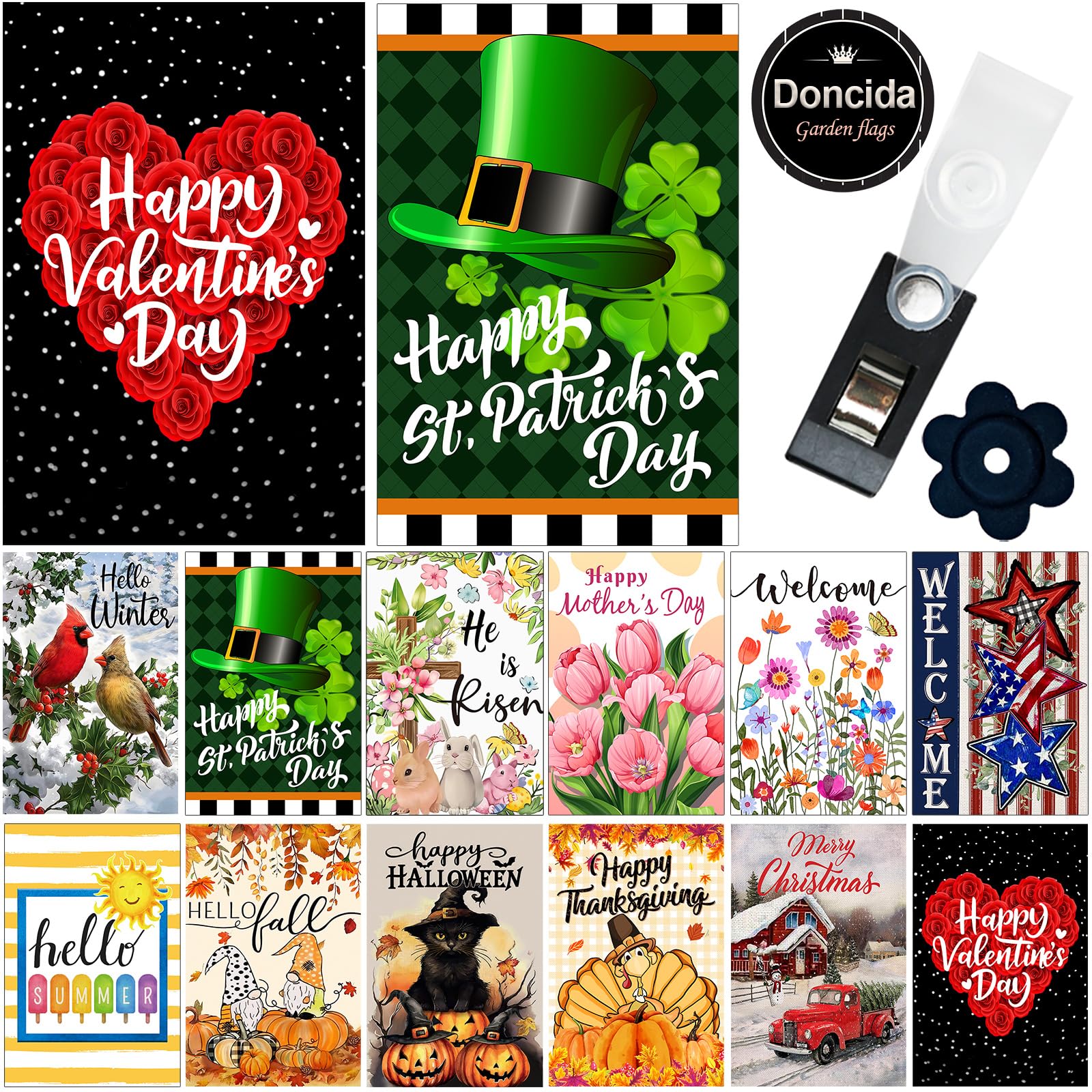 Doncida Seasonal Garden Flag Set of 12 Double Sided 12x18 Inch, Holiday Fall Halloween Garden Flag for Outside, Small Yard Flags for the Entire Year, with Free Anti-Wind Clip and Stopper