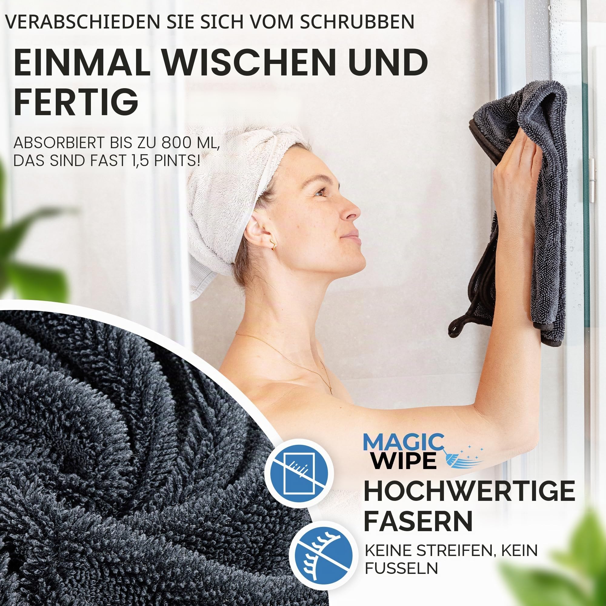 Magicwipe® Badezimmer Trockentuch XXL (40×60cm, 4er Pack) - Entfernt Kalk & Hartwasserflecken in Sekunden mit nur Wasser - Streifenfrei für Duschglas & Fliesen - Wiederverwendbares Mikrofasertuch