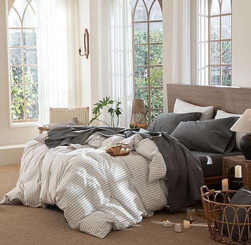 Miniatura 3 de MooMee - Juego de sábanas 100% algodón lavado, textura parecida al lino, transpirable, duradero, suave y cómodo (color gris oscuro, tamaño king)