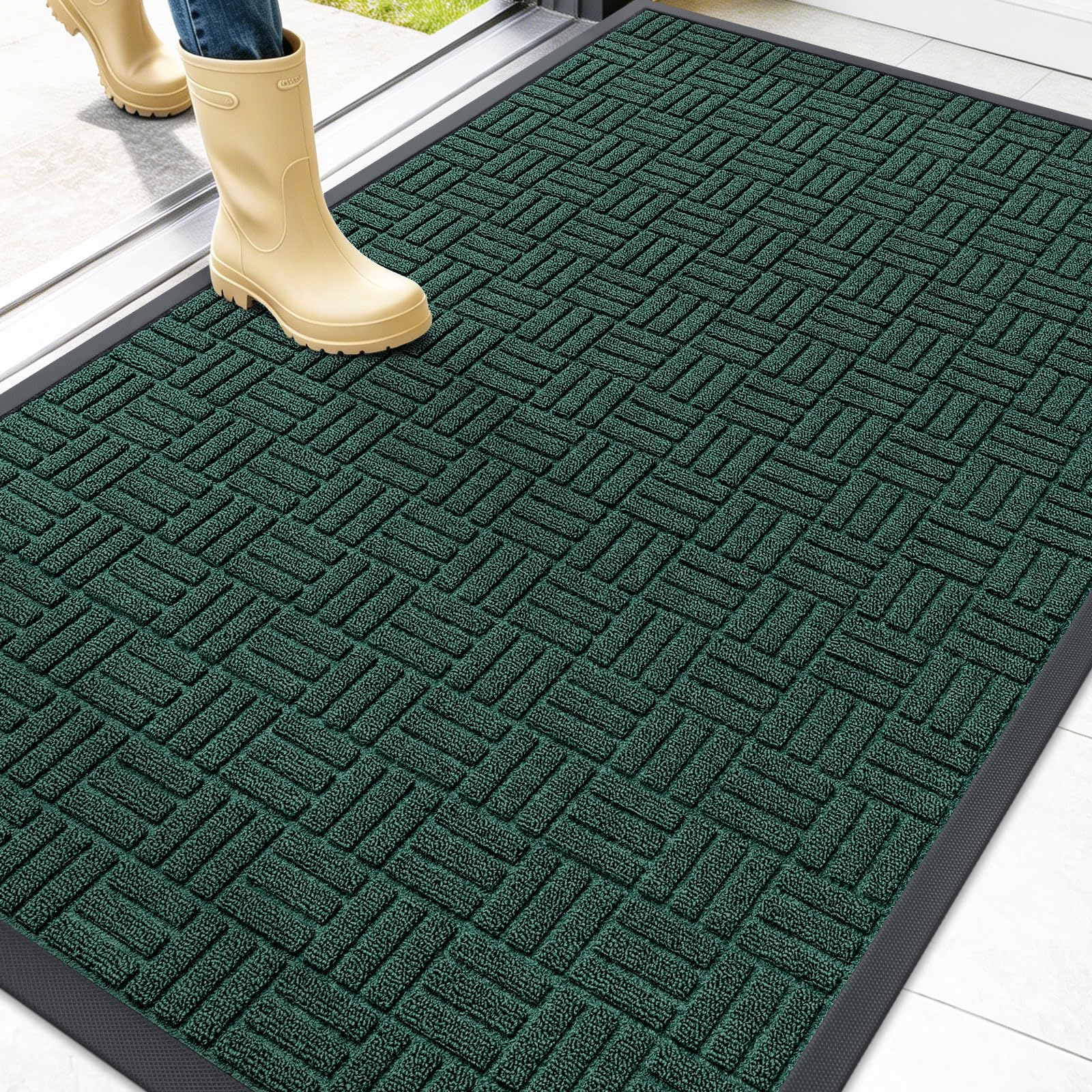 OLANLY Front Door Mat Outside Entrance 47x32, Heavy-Duty Rubber Doormat | Black Green, Stain and Fade Resistant, Non-Slip Backing, Low-Profile Indoor Outdoor Floor Mat for Entryway, Easy to Clean