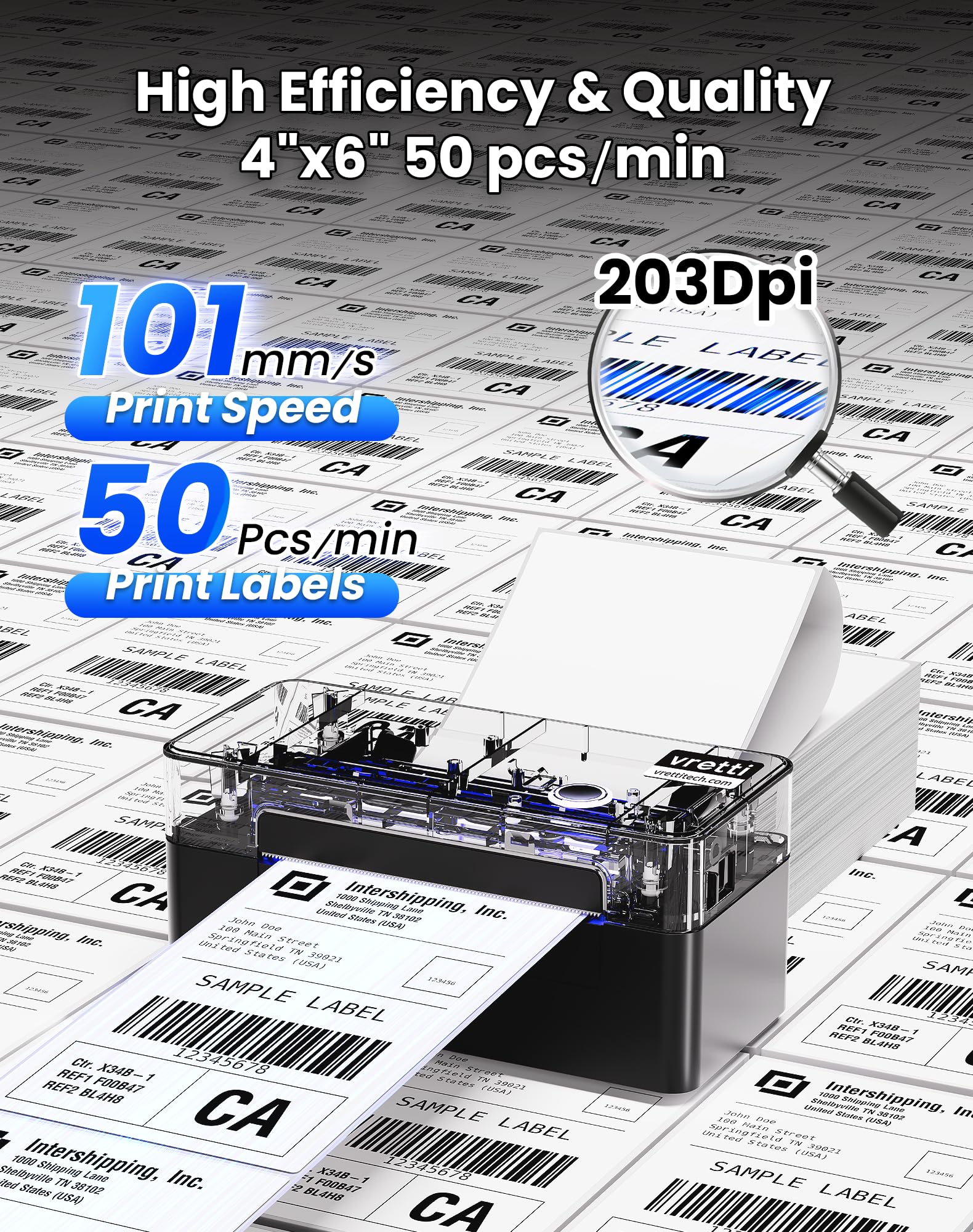 vretti Stampante termica per etichette USB, D402B Stampante per etichette di spedizione Macchina 4x6 per la spedizione di pacchetti,Compatibile con Amazon, DHL, Etsy, Shopify, eBay, UPS & FedEx