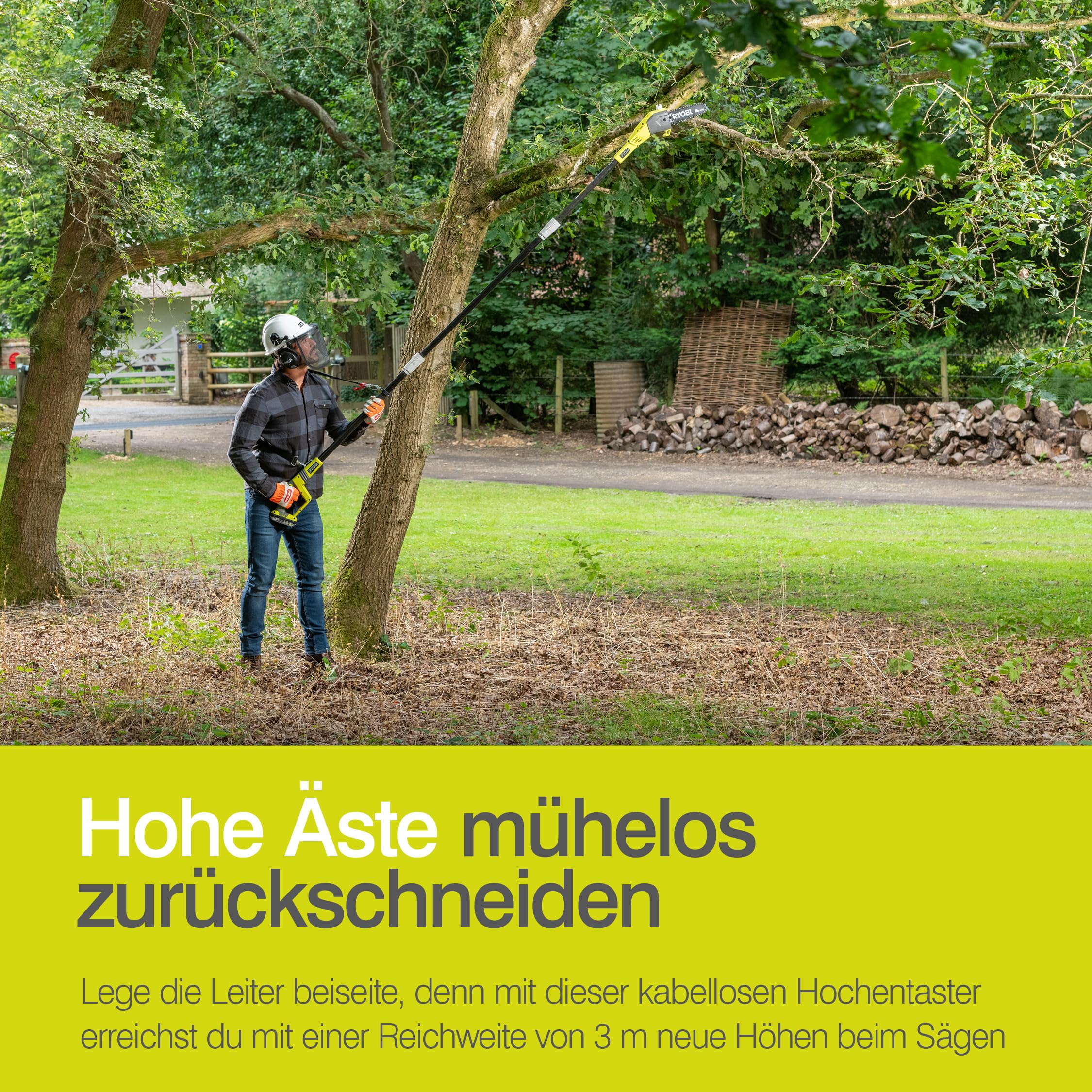 RYOBI 18V ONE+ Akku-Hochentaster OPP1820 | Teleskop-Astsäge mit 20 cm Schwert, 5,5 m/s Kettengeschwindigkeit, Reichweite bis 4 m, automatische Kettenschmierung, ohne Akku und Ladegerät