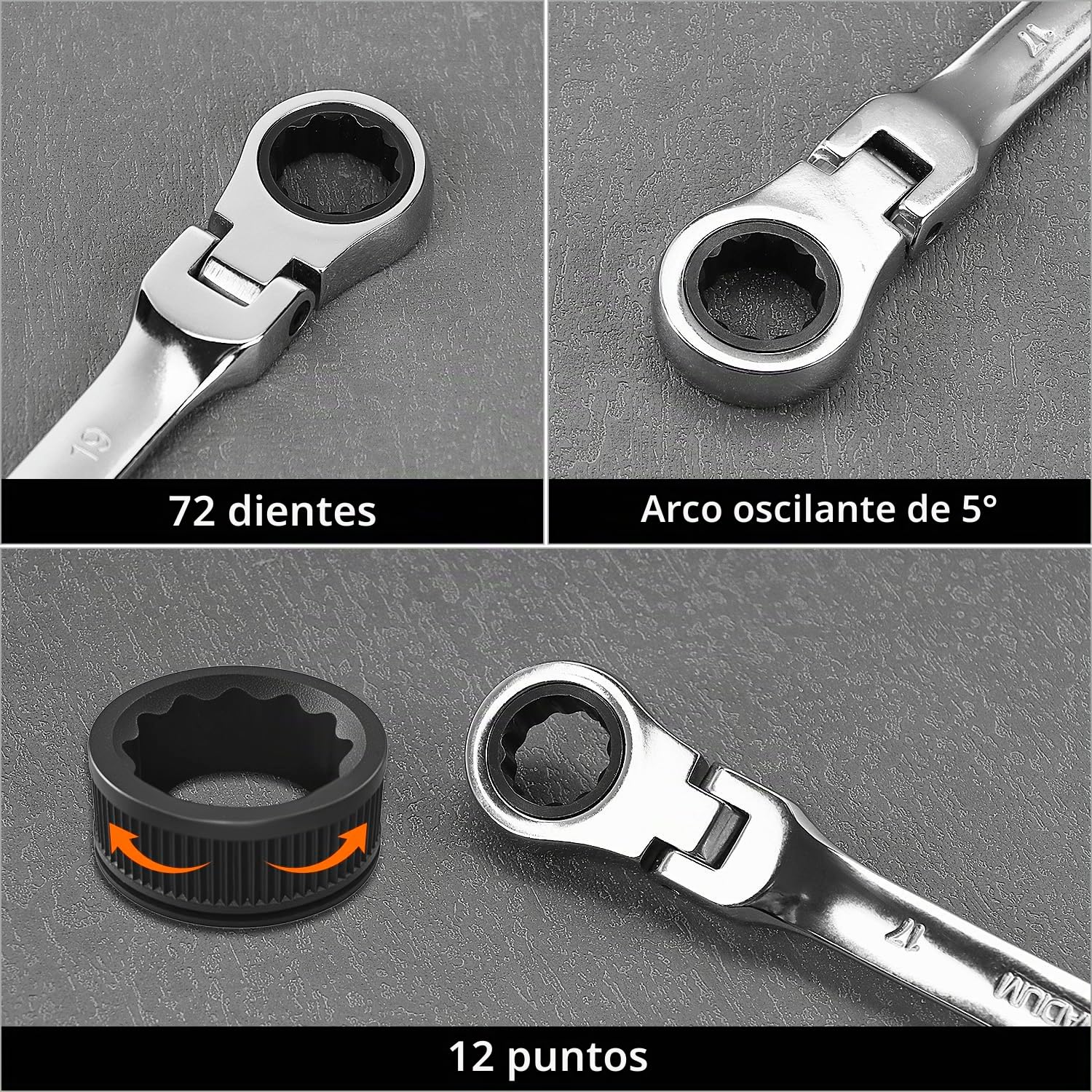 QWORK® 12 Piezas Llaves de Carraca, Llave de Trinquete 8-19 mm con Cabeza Ajustable, Llave de Carraca con 72 Dientes, Llave Combinada de Acero al Cromo Vanadio
