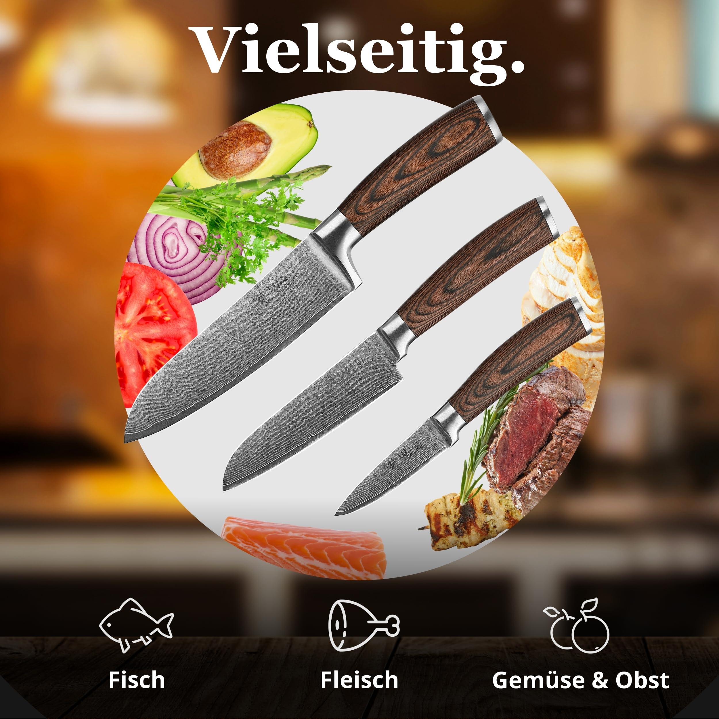 Wakoli EDIB Messerblock-Set mit 3 Damastmessern, 67 Lagen und VG10-Kern | Santoku 17 cm, kleines Santoku 12 cm, Officemesser 8,5 cm; magnetischer Messerblock aus Holz, Pakkaholzgriffe, Holzbox