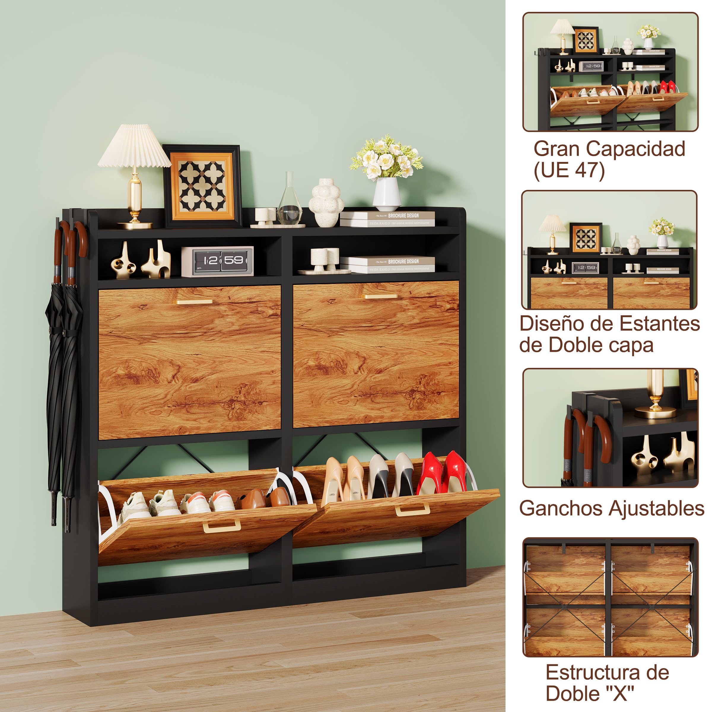 Zapatero 4 Puertas 20cm Estrecho Mueble Zapatero con 2 Compartimentos de Almacenamiento para 12-16 Pares de Zapatos，para Sala de Estar, Pasillo de Entrada, 105,5x20x100cm Negro Naranja