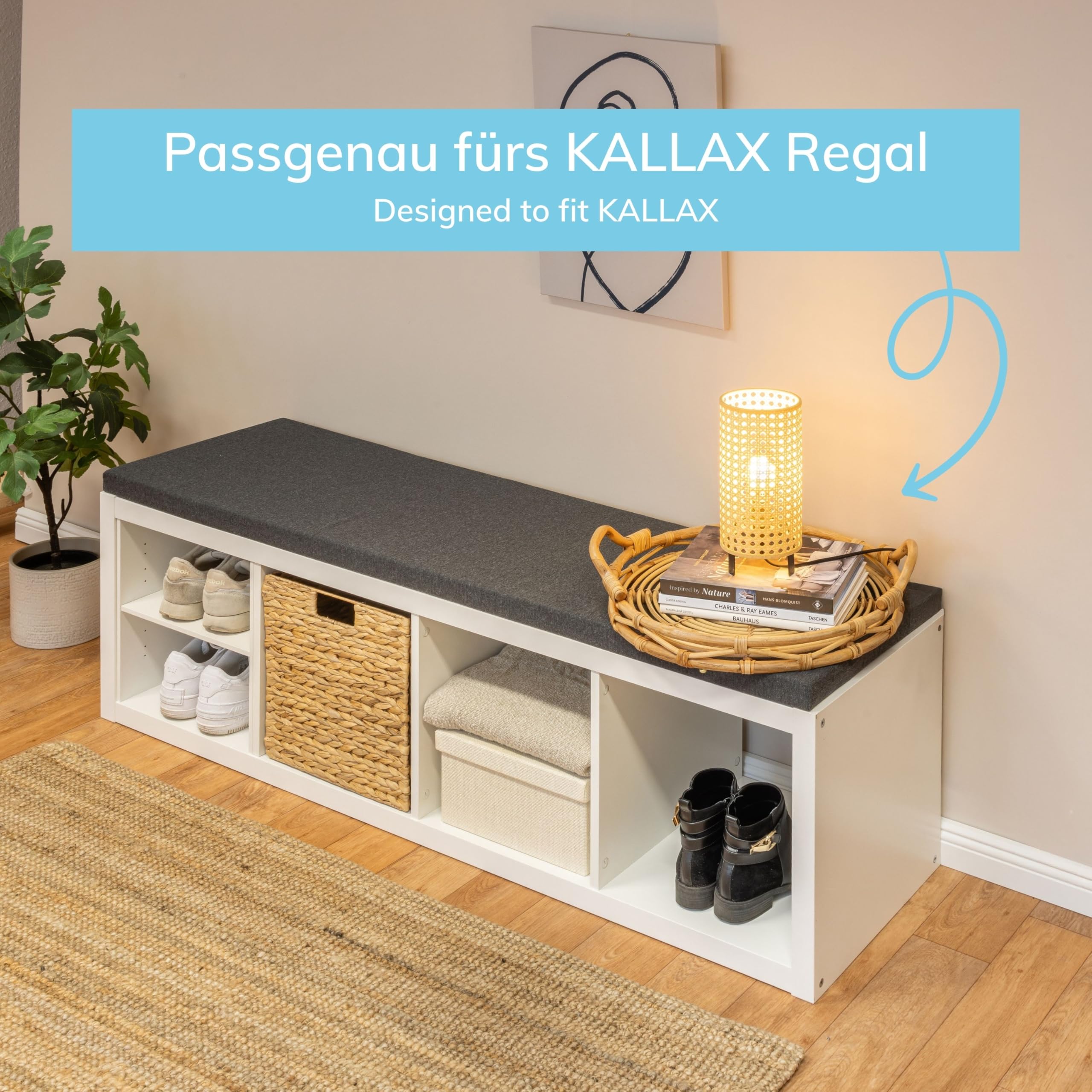Sitzauflage Kallax Regal | Sitzpolster | Polsterauflage | Sitzkissen fürs 4er Kallax | Auflage für Sideboard als Sitzbank | Unempfindlicher Stoffbezug | 146 x 39 x 4 cm | Dunkelgrau, Anthrazit