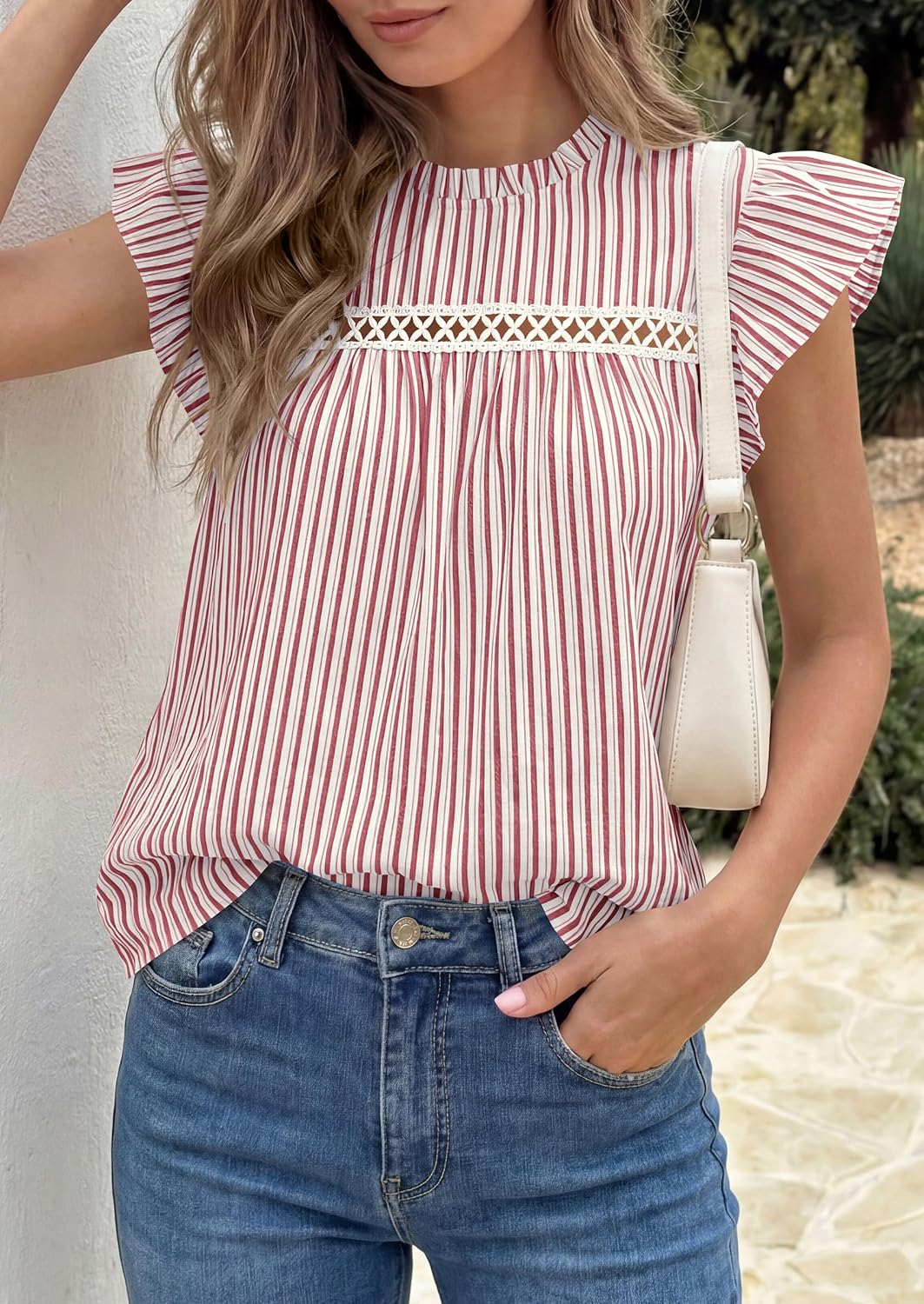 PRETTYGARDEN Striped Shirt Womens Summer Tops 2026 Spring Business Casual Work Dressy Crochet Lace Ruffle Cap Sleeve Blouse