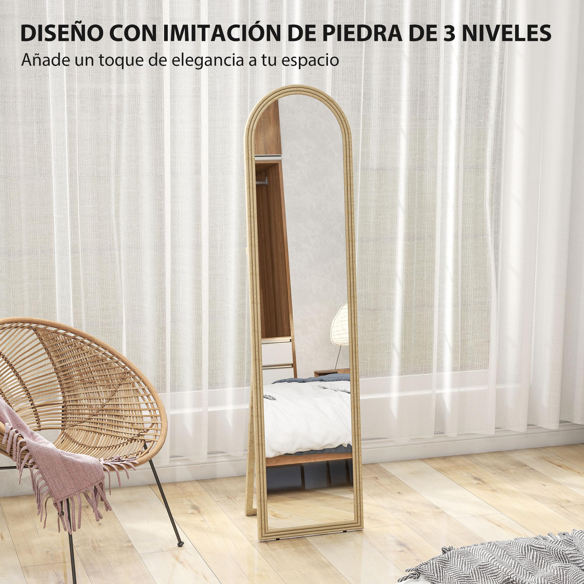 HOMCOM Espejo de Pie Cuerpo Entero 160x40 cm con Marco Efecto Piedra, Espejo de Pared Rectangular para Colgar o Apoyar, 2 Modos de Uso, para Dormitorio, Salón y Entrada, Beige