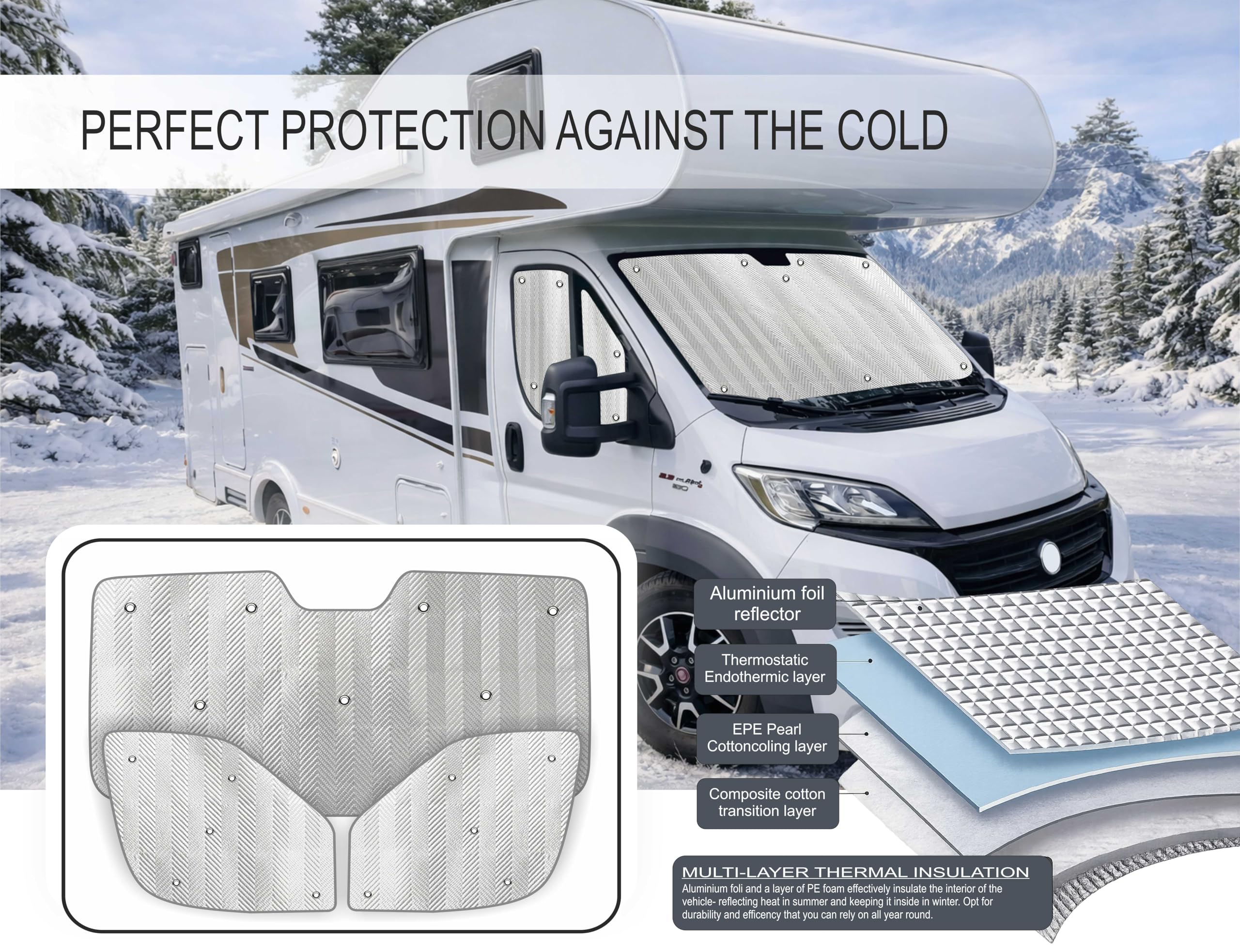 MJS Set di coperture termiche interne per parabrezza e finestrini compatibili con Fiat Ducato Citroen Jumper Peugeot Boxer 2006-2026 (3 pezzi) parabrezza termico per cabina camper parasole isolamento
