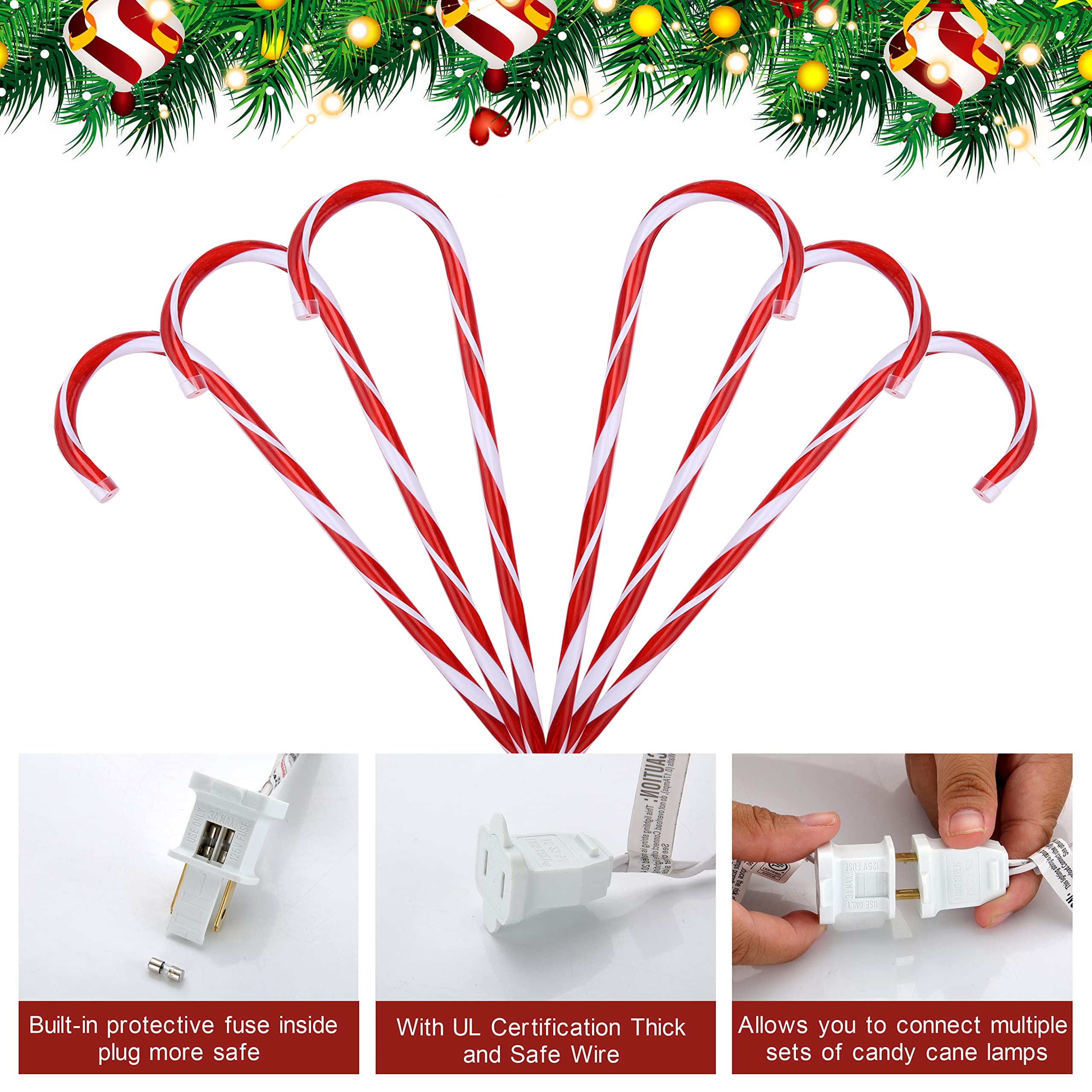 VCOKEN 26'' Christmas Candy Cane Lights Outdoor Pathway, Set of 6 Christmas Candy Cane Markers Waterproof, Light Up Xmas Candy Cane Decoration with Stakes for Patio, Garden, Walkway