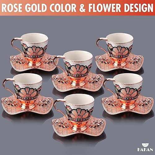 Miniatura 6 de Juego de 6 tazas de café turco con platillos hechos a mano y portavasos, 18 tazas de espresso de oro rosa para una auténtica experiencia de café