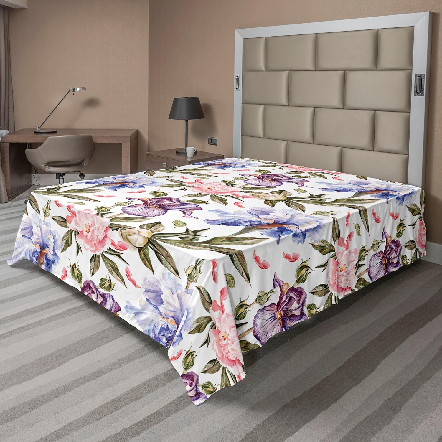 Ambesonne Floral Flat Sheet, Geometric Style Retro Flower Petals with Striped Details Print Artwork, Soft Comfortable Top Sheet Decorative Bedding 1 Piece, Queen Size, Petrol Blue and Cinnamon