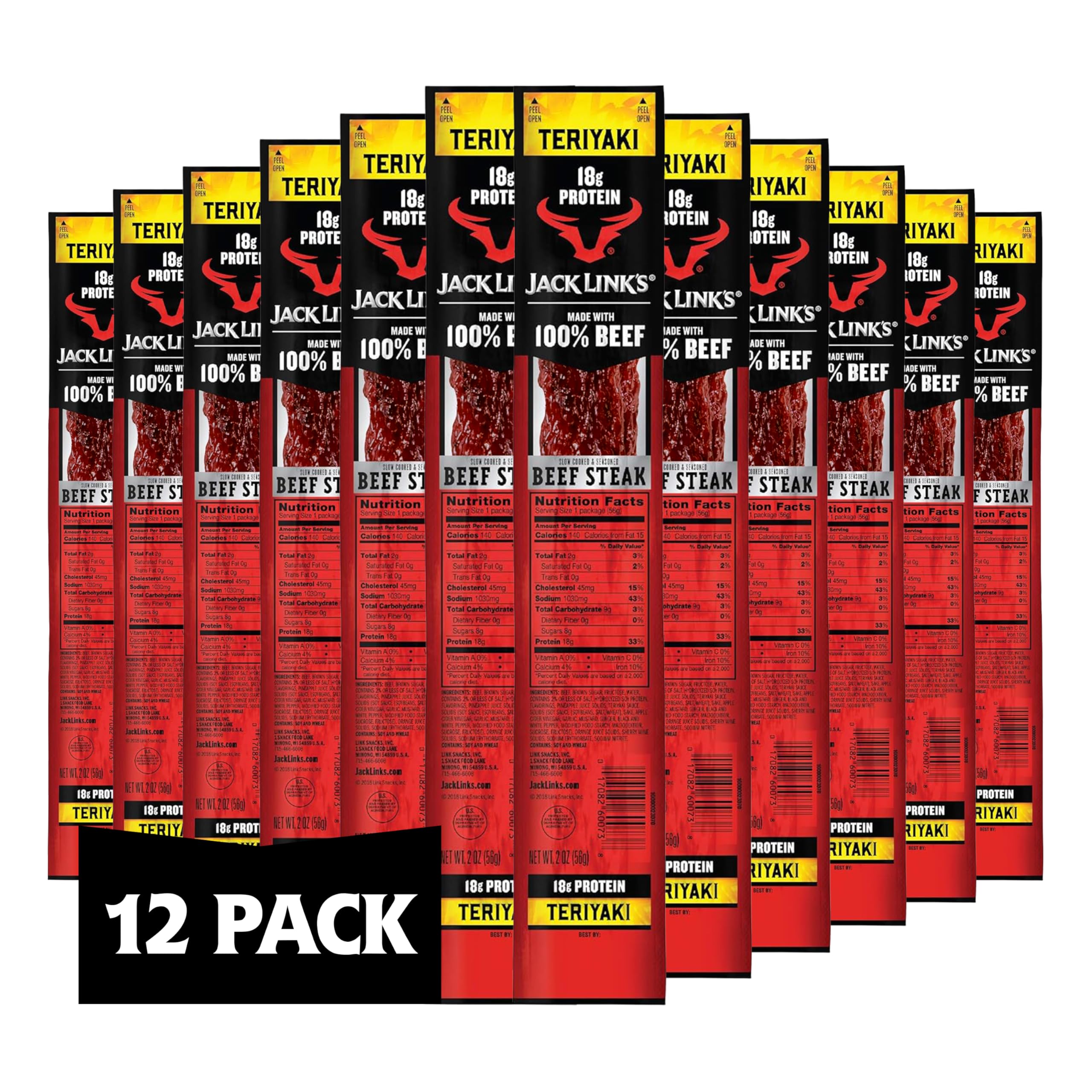 Jack Link's Beef Steak, Teriyaki - Protein Snacks, Meat Snack with 18g of Protein, Made with 100% Beef, Individually Wrapped Bulk Snack Pack, Keto Friendly - 2 Oz. (12 Count)