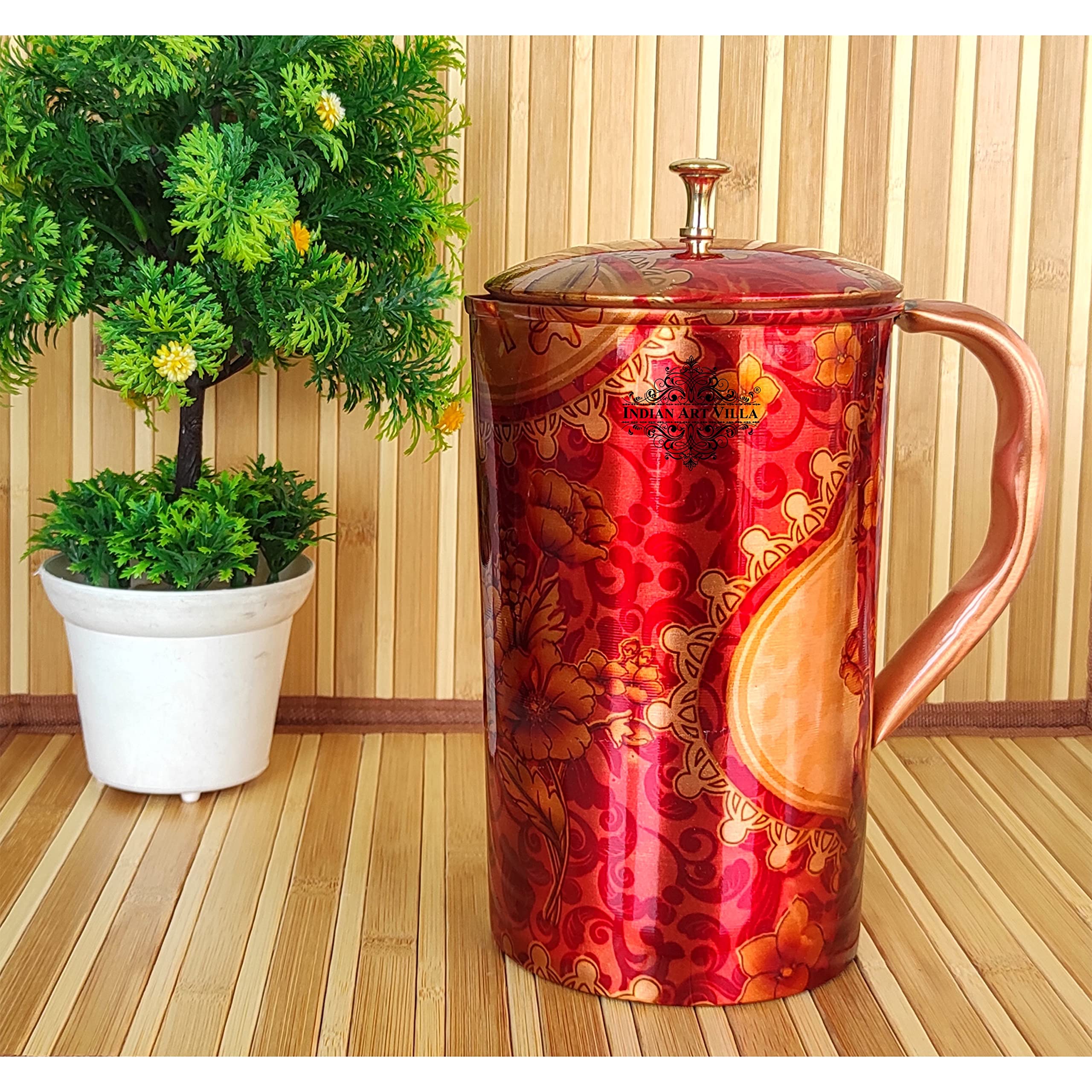 Indian Art Villa Pure Copper Jug With Red Floral Abstract Print & Brass Knob On Top, Serveware & Drinkware, Volume - 50 OZ