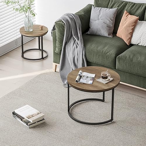 Miniatura 7 de Smuxee - Juego de 2 mesas de café anidadas, mesa de centro redonda de 23.6" con tapa de grano de madera y pies ajustables antideslizantes, mesa