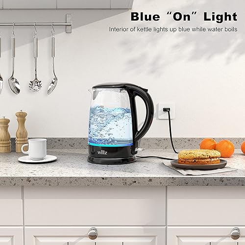Miniatura 5 de Willz Hervidor eléctrico de vidrio con mango resistente al calor y vertido inalámbrico, tecnología de ebullición rápida y apagado automático, luz de