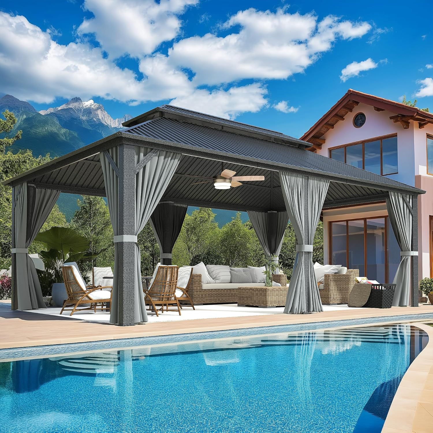 12x20 FT Gazebo Hardtop Gazebo Aluminum Pergola with Aluminum Frame, Double Galvanized Steel Roof, Curtains and Netting Included Outdoor Gazebos Canopy for Patio, Backyard, Deck, Lawn,Grey