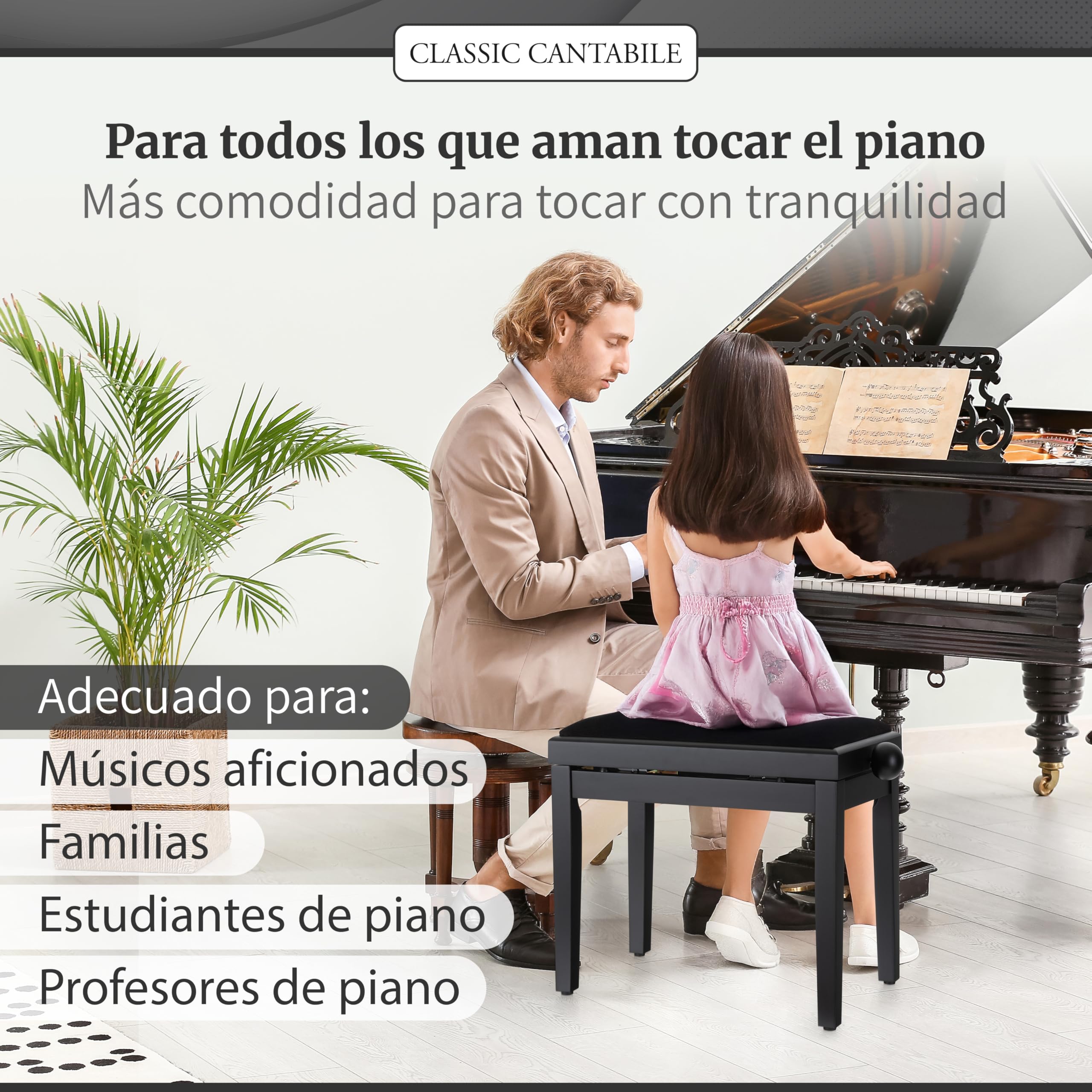 Classic Cantabile Banqueta para Piano Negro Mate - Altura Regulable de 47-56cm - Banco con Mecanismo de husillo - Asiento de Taburete 55 x 32cm - Silla con Funda de Terciopelo, Estable