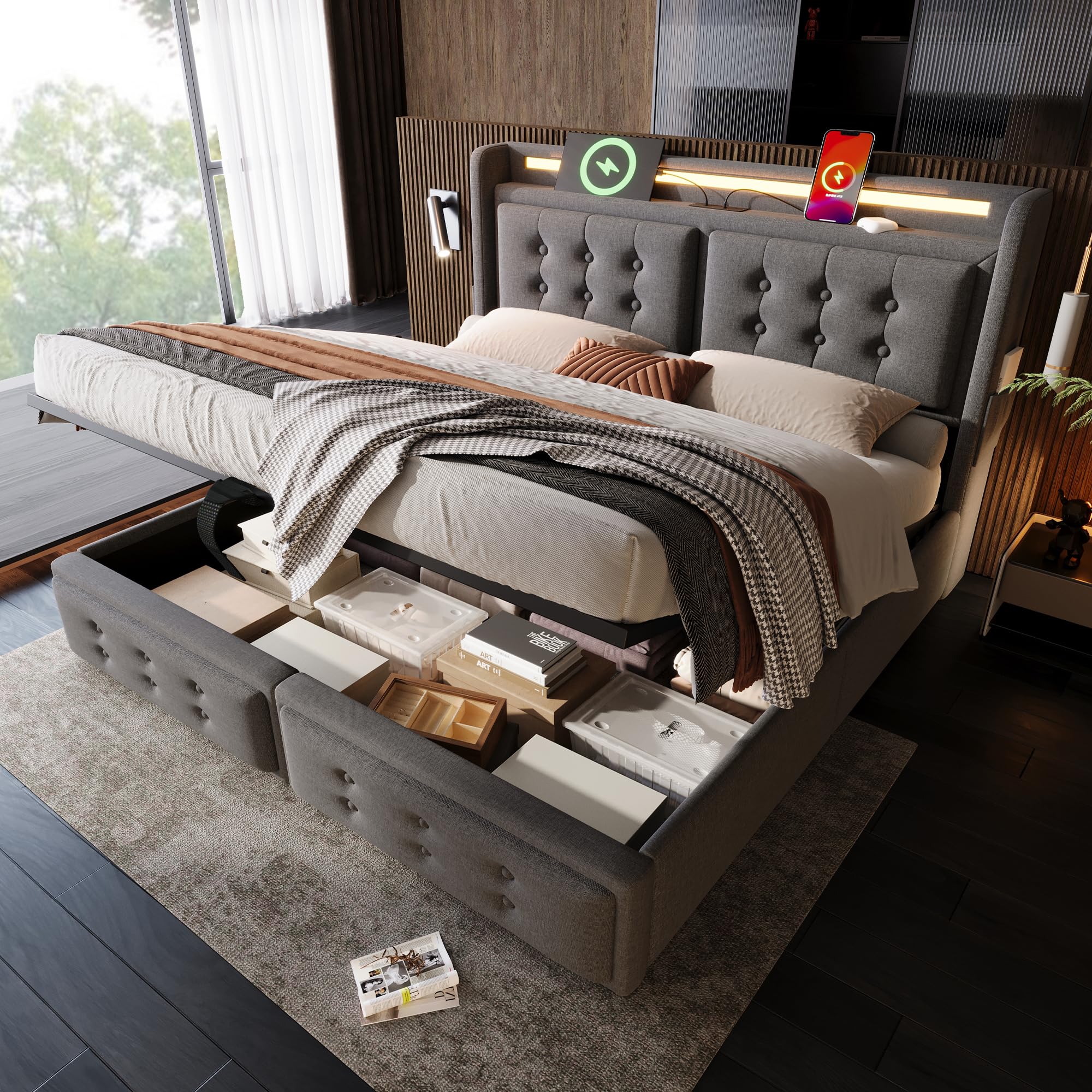 Ball & Cast 4ft6 Upholstered Double Bed Frame with Storage and 7colors LED Light Strips, Hydraulic Ottoman Bed Double 135x190 cm with Button Tufted Headboard, Velvet, Grey, No Mattress